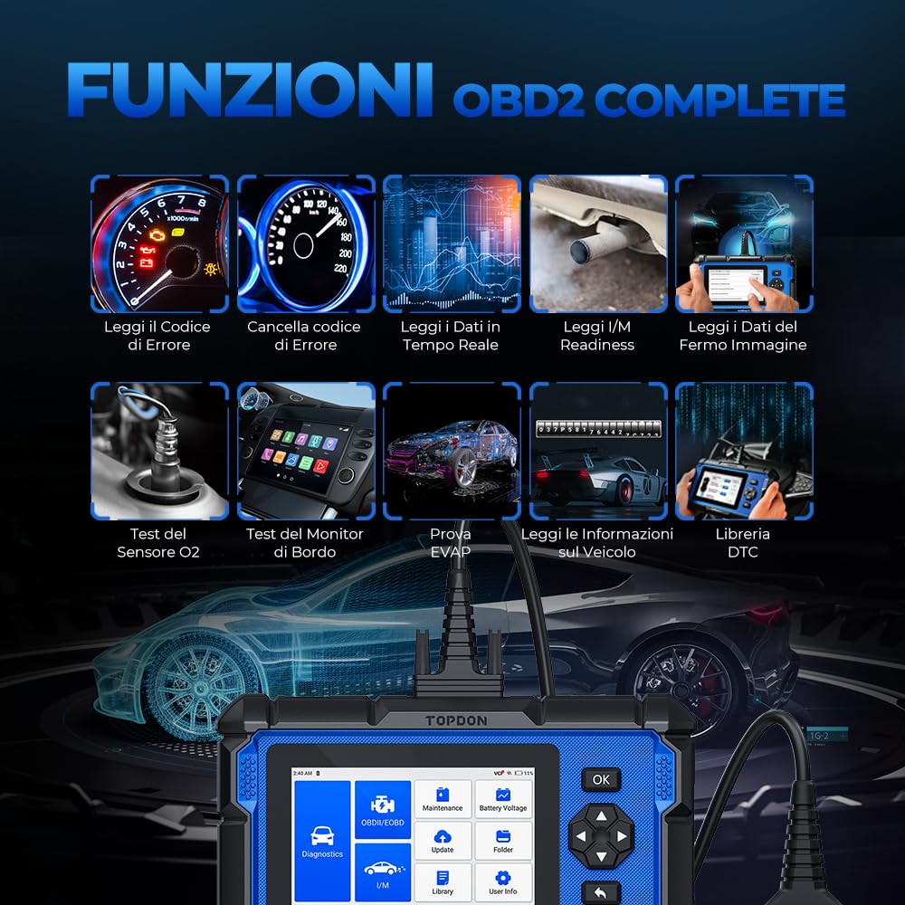 TOPDON AD600S Scanner OBD2 – Strumento di Diagnosi Auto Professionale per Motore/ABS/SRS/Cambio, 9 Funzioni di Reset (Olio/Freni/BMS/DPF/Codifica Iniettori), Aggiornamenti Gratuiti a Vita