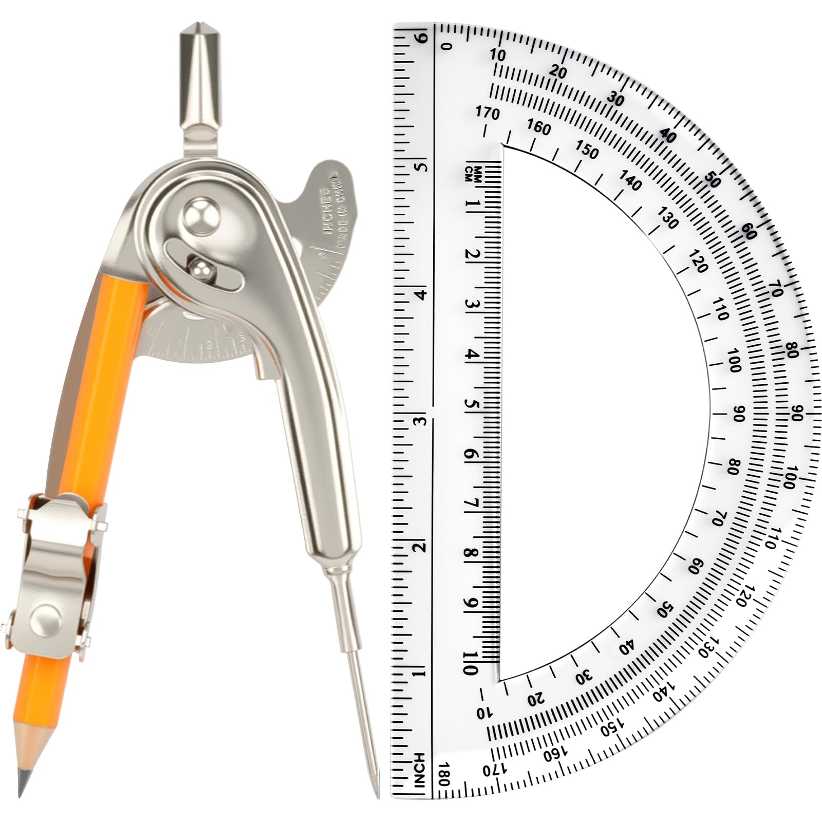 Zestaw 2 narzędzi geometrycznych, kompas matematyczny do geometrii i 15 cm kątomierza, zawiera metalowy kompas z ołówkiem i przezroczystym plastikowym kątomierz, do szkoły, biura, obróbki drewna