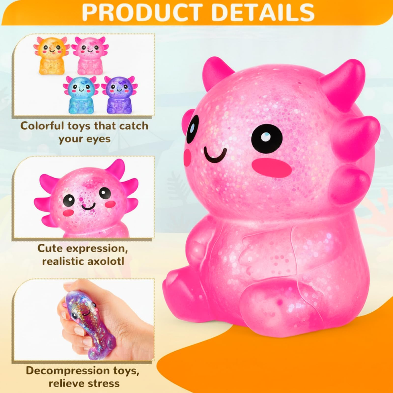 2 Juguetes Axolotl Squishy – Bola Anti-estrés Con Lentejuelas – Regalo Sensorial Para Niños Y Adultos (Amarillo Y Azul)