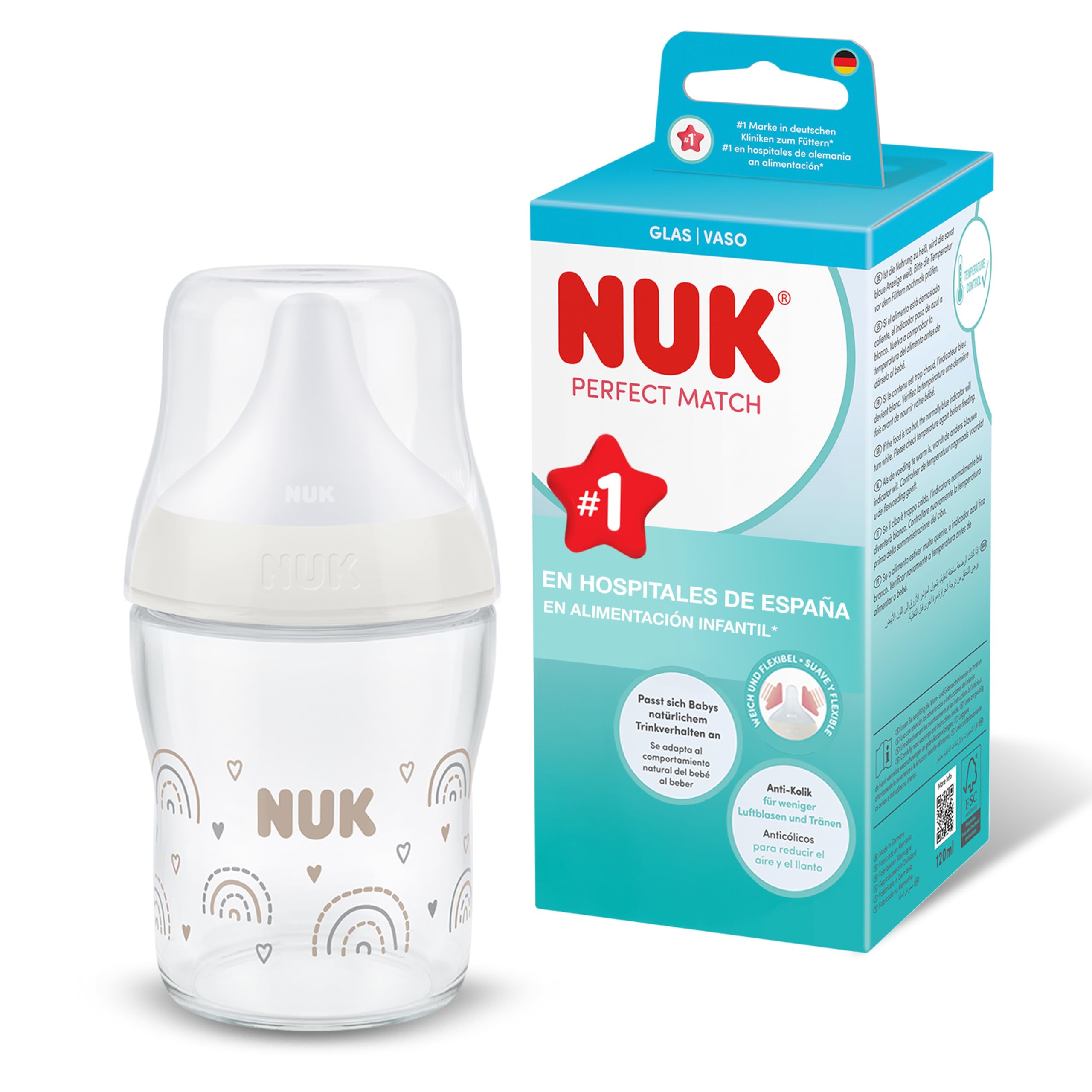 NUK Perfect Match Biberón | 0+ meses | 120 ml | Biberón anticólicos | Vidrio | Indicador de control de temperatura | Arcoíris | 1 unidad