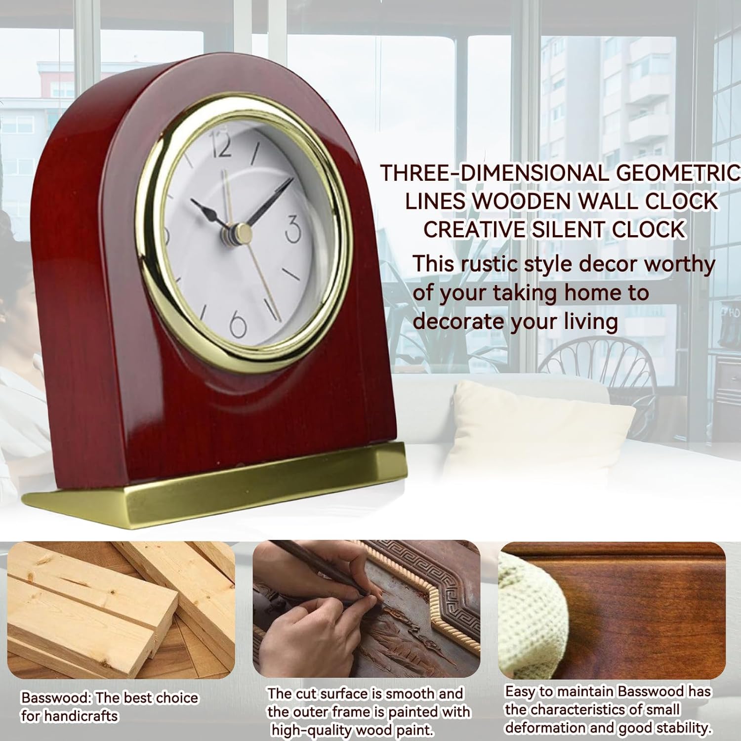 Desk Decoration Clock Living Room Mantel Clock,Modern Arched Shaped Clock, Brass Finish Metal Bass,Quartz Movement,Nordic Solid Wood Alarm Clock,Luminous Mute Student Bedroom Bedside Table Clock,Brown