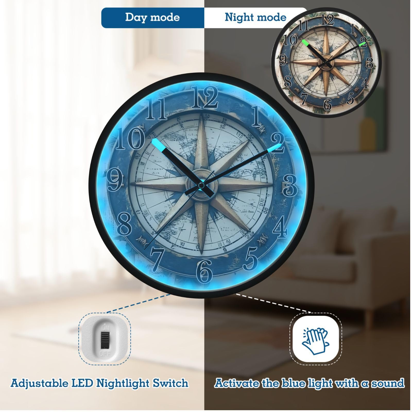 ALAZA Reloj de pared de madera con brújula náutica rústica que brilla en la oscuridad, funciona con pilas, 12 pulgadas, silencioso, sin tictac, luz nocturna para dormitorio