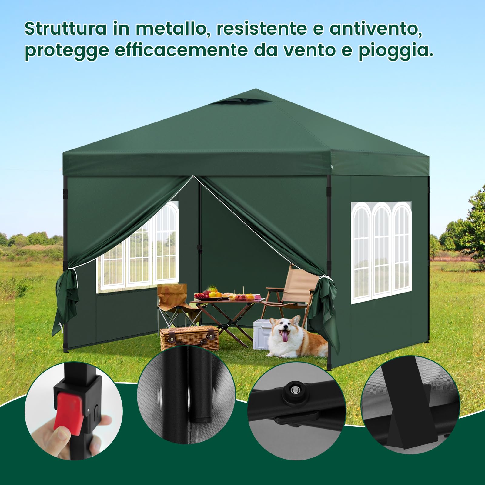 Laneetal Gazebo 3x3 Pieghevole Impermeabile, Pergolato da Giardino, Gazebo da Esterni, con Pareti Laterali Rimovibili, Protezione dal Sole, per Feste e Campeggio, Borsa per il Trasporto, verde