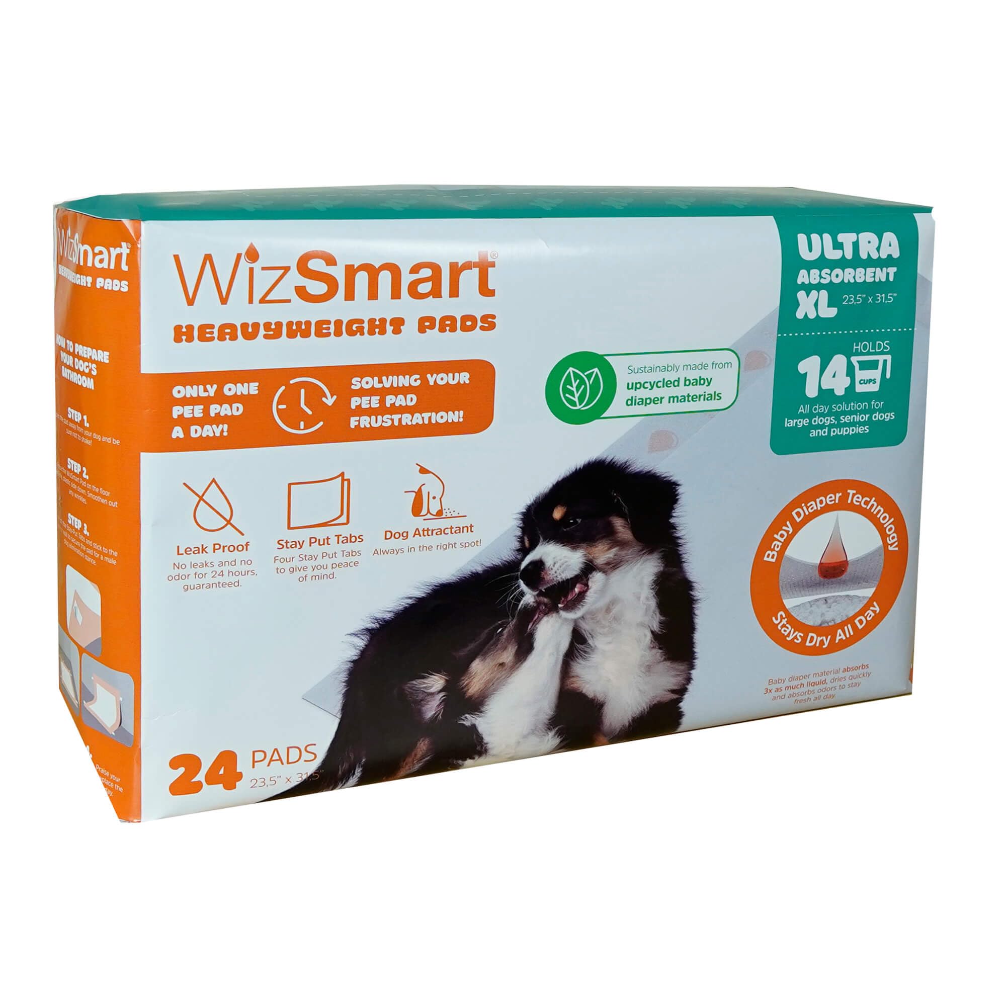 WizSmart All Day Dry - Almohadillas de entrenamiento para perros y cachorros de alta calidad, fabricadas con pañales reciclados sin usar y materiales ecológicos (10 tazas Ultra XL, 24 unidades)