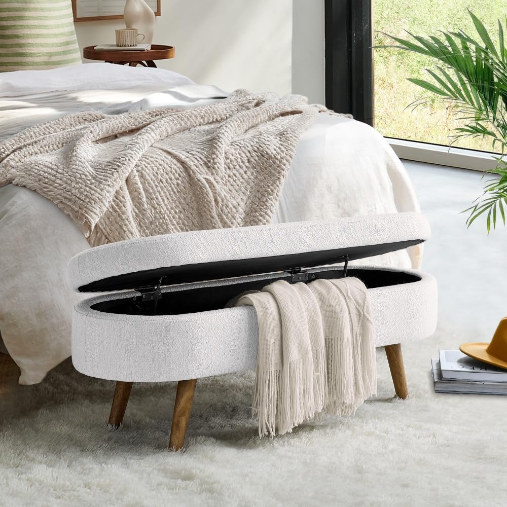 Zaboro Oval Storage Bench, 43.5 Inches Linen Upholstered Entryway Bench with Solid Wood Legs & Safety Hinge Flip Top, End of Bed Bench for Bedroom,