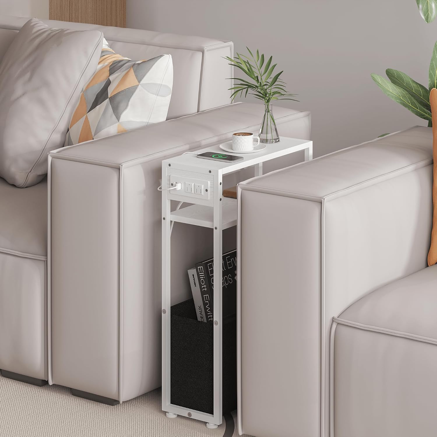 Leomonio White Side Table with Charging Station, Slim End Tables with Fabric Basket, Skinny Table for Small Spaces, Thin Bedside Table for Living Room, Bedroom image 4