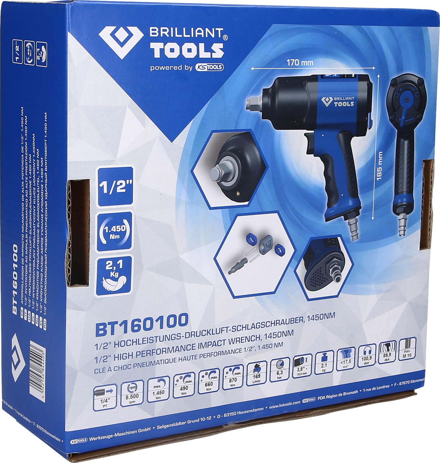 BRILLIANT TOOLS BT160100 1/2" Pneumatyczny klucz udarowy, 1.450 Nm [Powered by KS TOOLS]