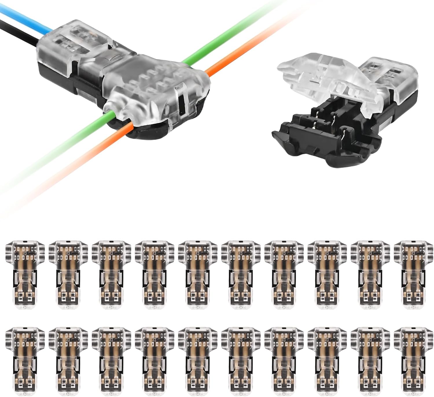 T Tap Wire Connectors - 20Pack Solderless 3 Way 2 Pin Low Voltage Quick Splice Connectors for 22-20 AWG Wires, Automotive, LED Strips, Audio/Video Installation