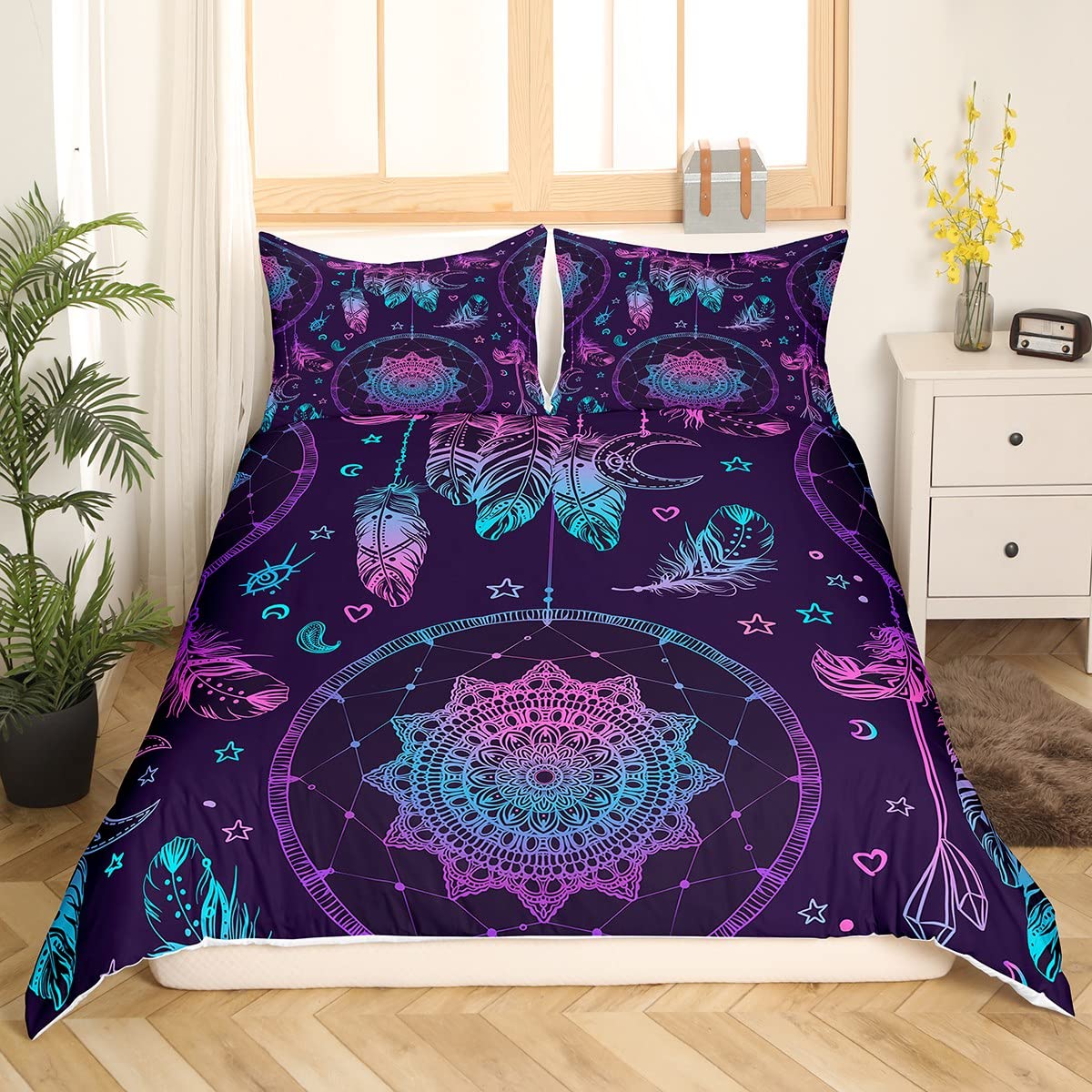 Mandala Dreamcatcher Bedding Set King,Gradient Feather Comforter Cover for Boys Girls,Kids Purple Blue Pink Duvet Cover Set Galaxy Bedspread Cover Fashion Teens Bedroom Decor 3 Pcs Bed Collection โ image 1