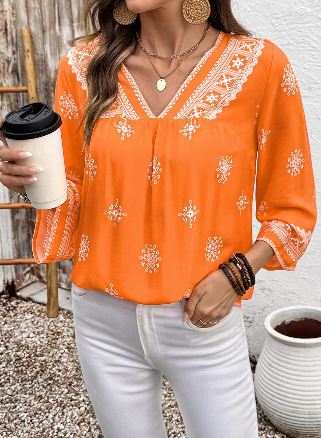 SHEWIN Womens Summer Tops Casual Retro Print V Neck 3/4 Sleeve Boho Vacation Blouses Shirts - Image 3
