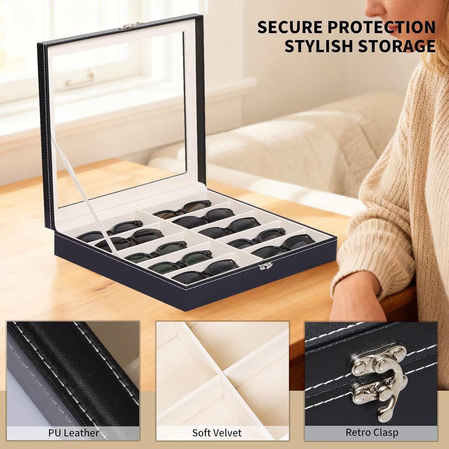 AUTOARK Large Top Glass Lid Sunglasses Organizer Case,10-Slot PU Leather Lockable Storage Box for Eyeglasses,Watch,Jewelry,Gift for Home,Black,MKAW-111