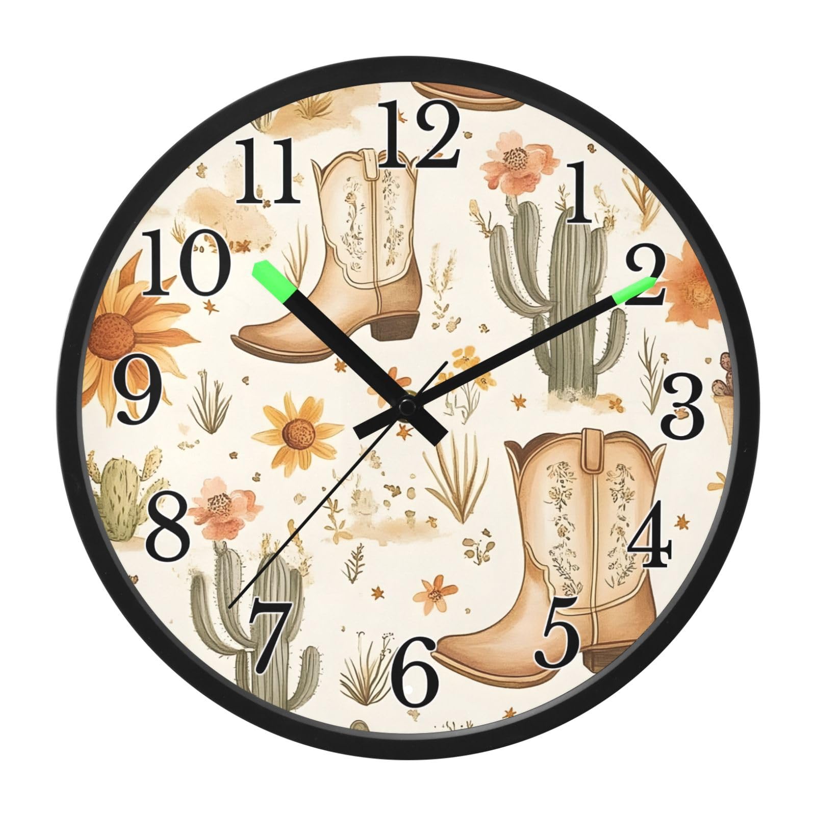 Mnsruu Reloj de pared luminoso con botas de vaquero occidentales, reloj de pared bohemio con flores de cactus que brilla en la oscuridad, funciona con pilas, reloj de luz nocturna silencioso sin
