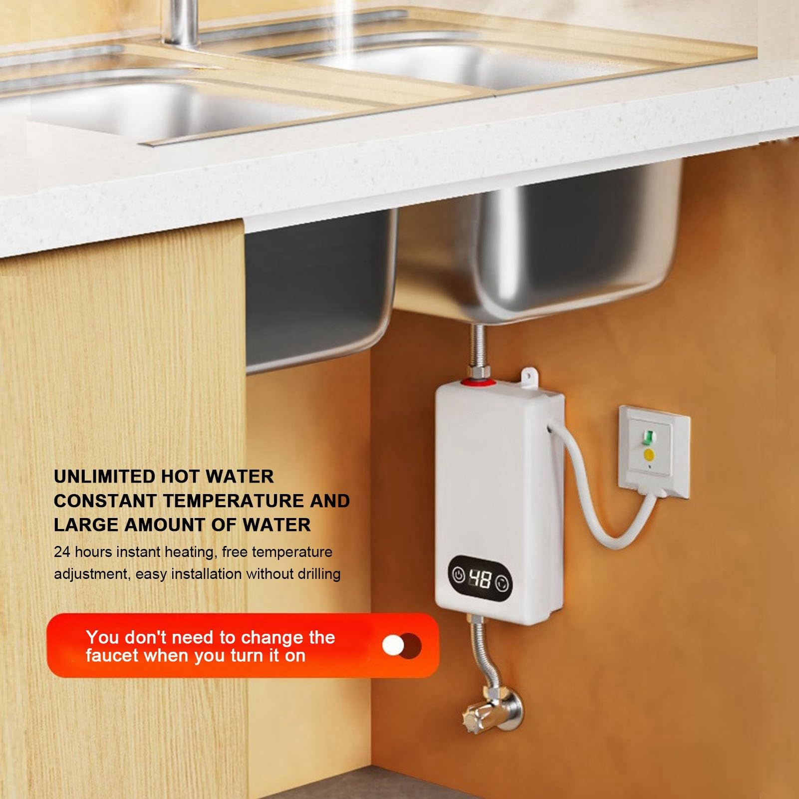 Cuifati Calentador de Agua Electrico Instantaneo 3400W sin Tanque, Termo | Calentador de agua eléctrico sin tanque, diseño compacto de ABS, con protección contra sobrecalentamiento para cocina y baño