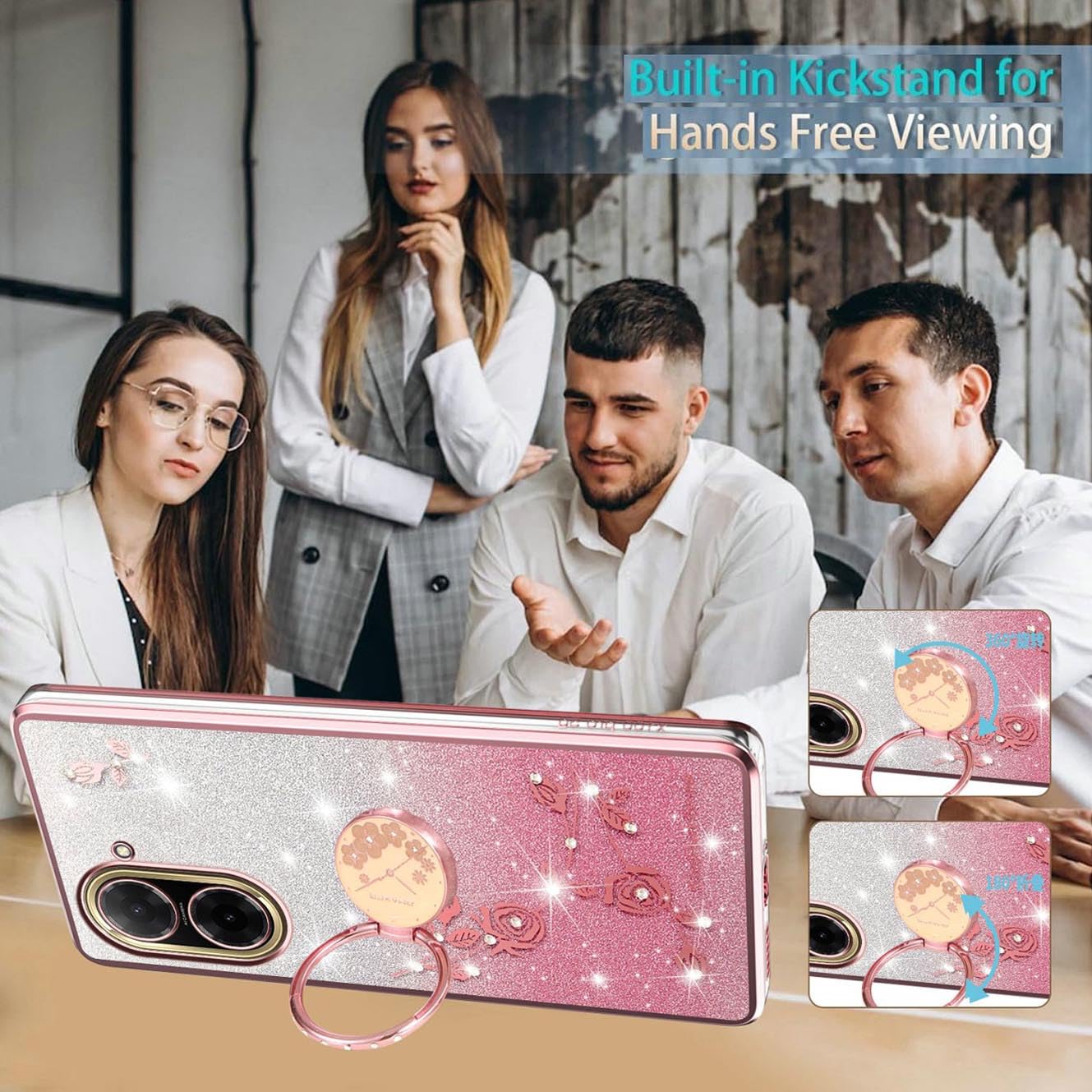 Handyhülle Für Xiaomi 14T Mit Blumen-Ring-Ständer – Glitzernd, Stoßfest & Drehbar