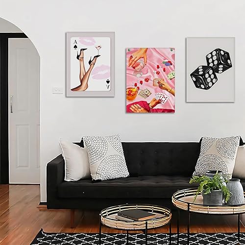 Miniatura 3 de Juego de 3 arte de pared de dados de póker enmarcados en blanco y negro, impresiones en lienzo estéticas retro Y2K, fotos de póster rosa de moda,