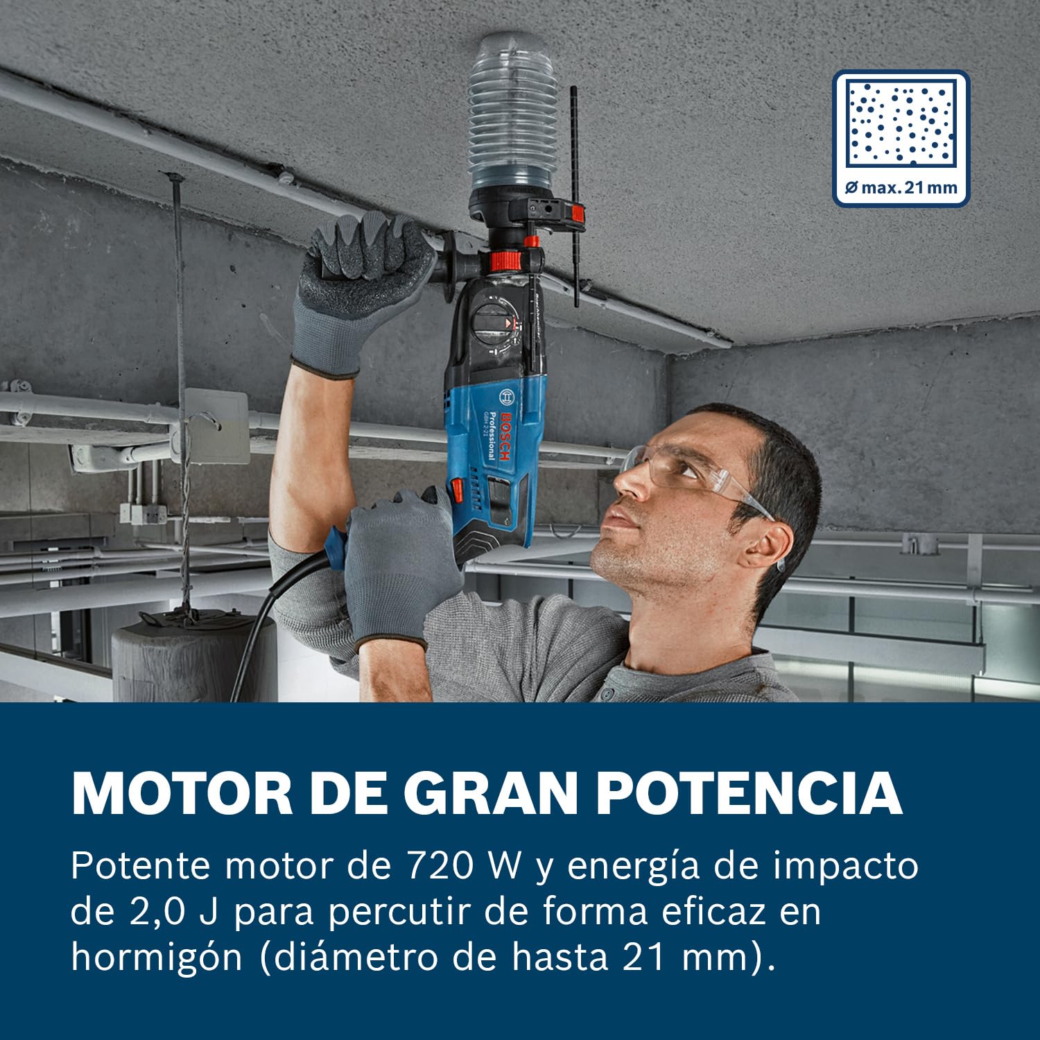 Bosch Professional martillo perforador GBH 2-21 (con SDS plus, incl. empuñadura auxiliar, paño para la máquina, profundidad retráctil, maletín)