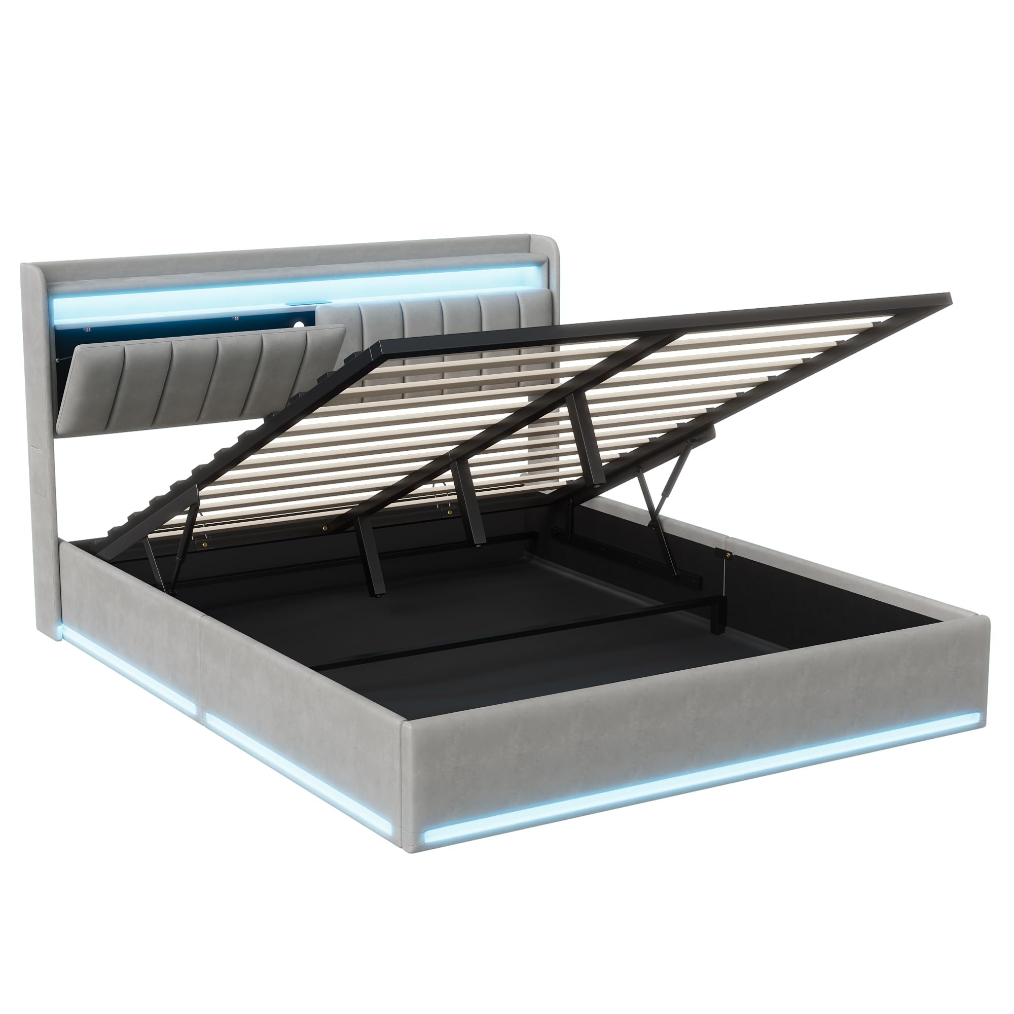 Lit Coffre 160 x 200 cm,avec Éclairage LED et Port USB,Lit Double Rembourré avec Rangement et Tete de lit,pour Adultes et Adolescents,Velours (Gris A, 160 x 200 cm)