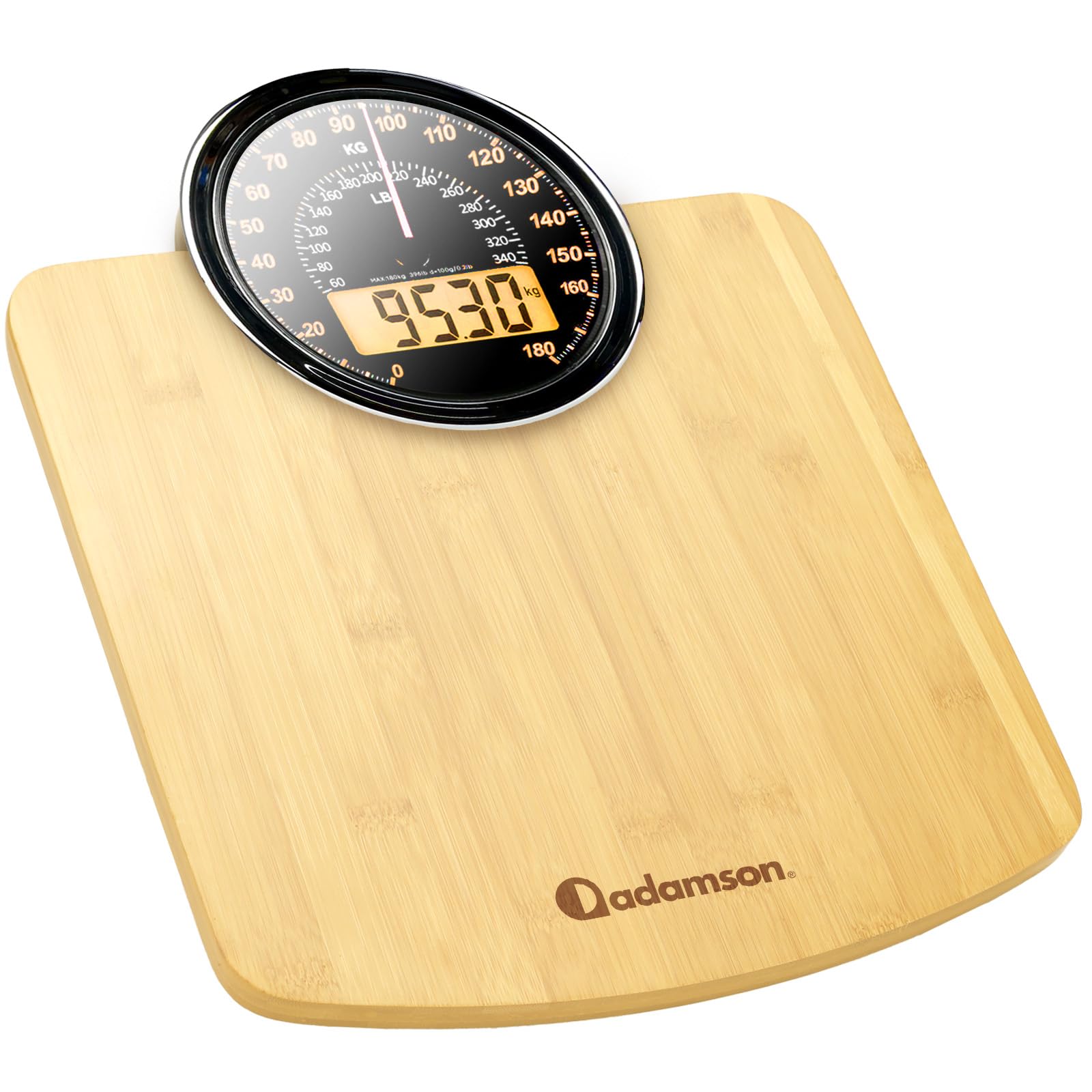 Hybrid Bilancia Pesapersone - Analogica & Digitale, Precisa fino a 180 kg | Leggete il peso su quadrante analogico e LCD insieme. Piattaforma larga, 3 batterie AAA incluse, pronta all'uso.