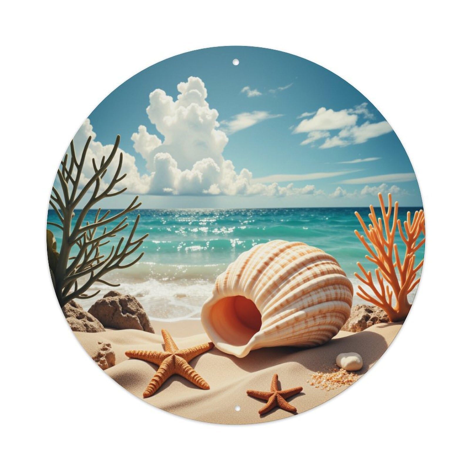 Beach Shell Starfish Coral Sky Round Tin Sign Vintage Metal Poster, Home Bar Garage Man Cave Cafe Indoor & Outdoor Wall Decoration 8x8Inches