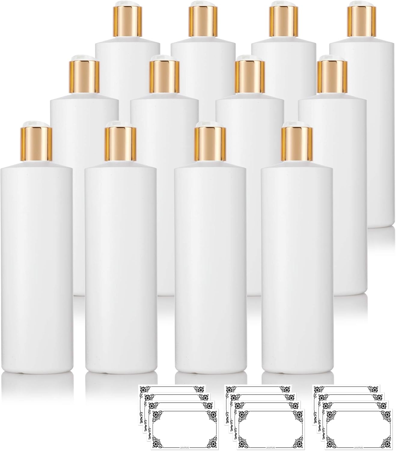 JUVITUS 16 oz Large White Refillable Plastic Squeeze Bottles with Gold Disc Cap Lid (12 pack)