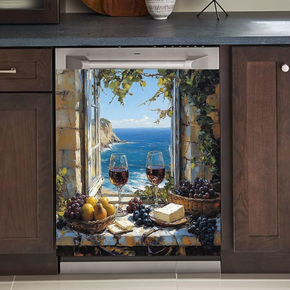 Dishwasher Magnet Cover Window Seaview Wine Dishwasher Front Panel Covers Decorative, Windowsill Fruit Magnetic Appliance Decor Home Refrigerator Magnetic Sticker 23Wx26H Inches