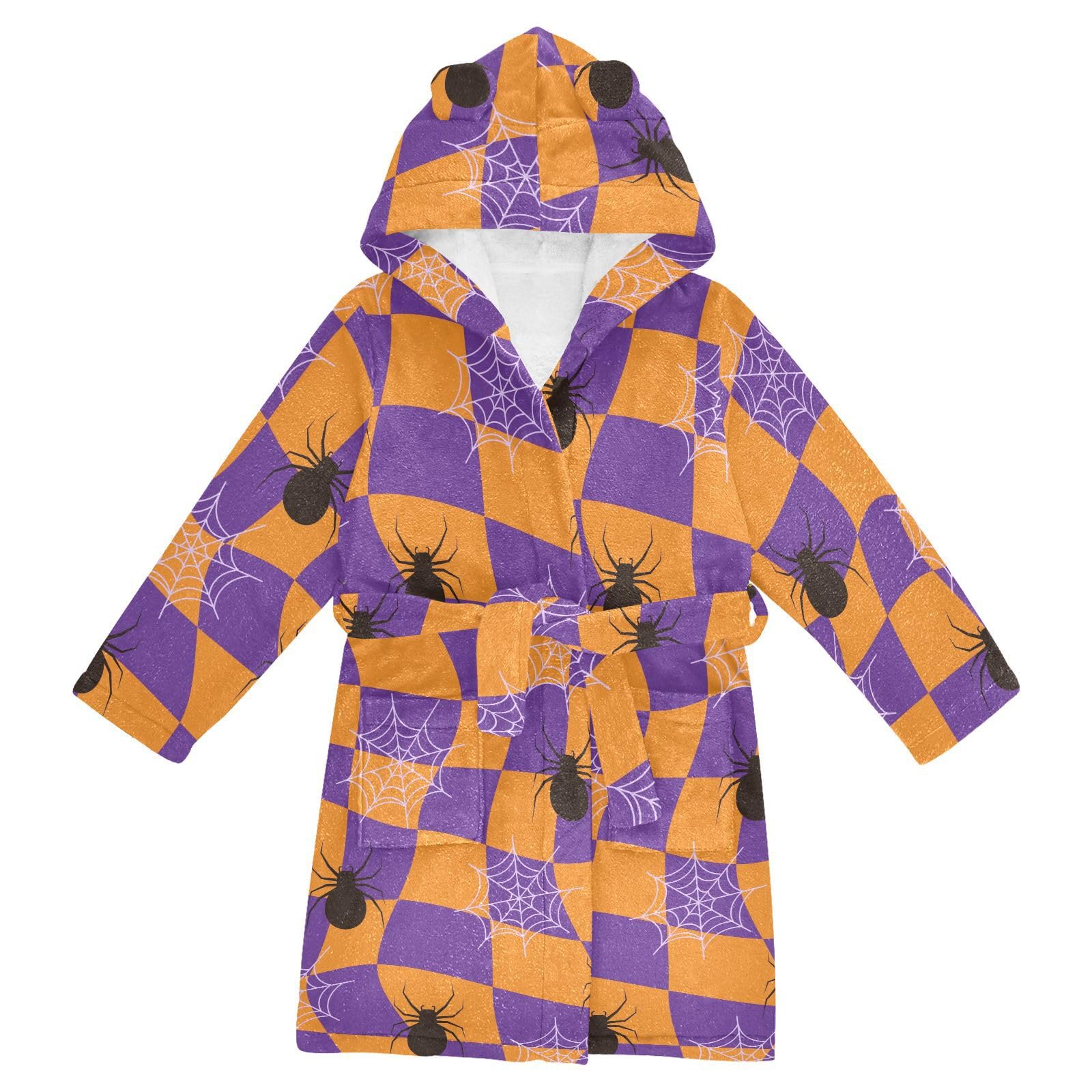 WIFIU Toddler Baby Hooded Bathrobe for Boys Girls Halloween Checkered Spider Cobweb Printed, Soft Plush Bath Towel Robe with 2 Pockets for 4-6 Years