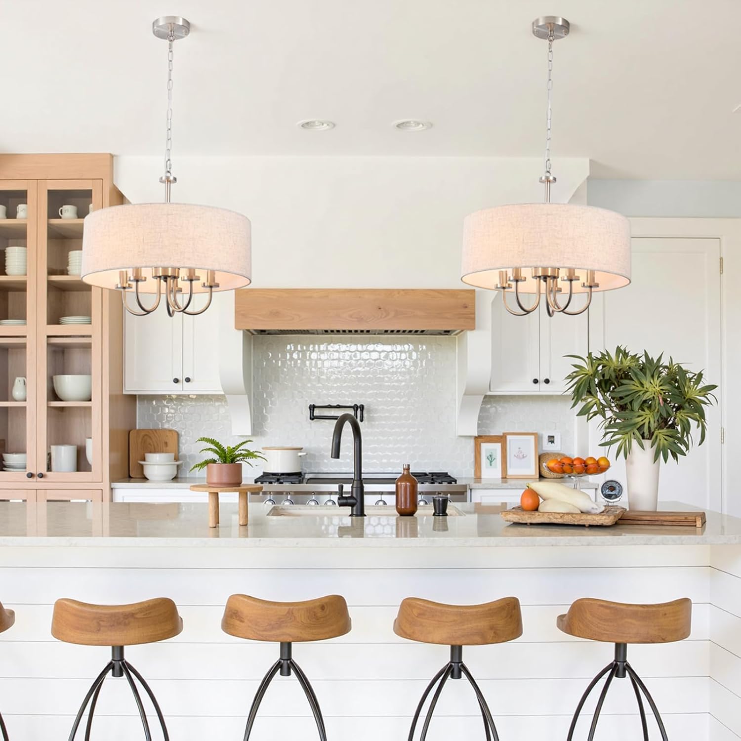 19" Brushed Nickel Drum Shade Chandelier, 5-Light Modern Round Chandelier with White Linen Fabric Shade, Adjustable Hanging Pendant Light for Dining Room, Living Room, Kitchen Island, Bedroom, Foyer