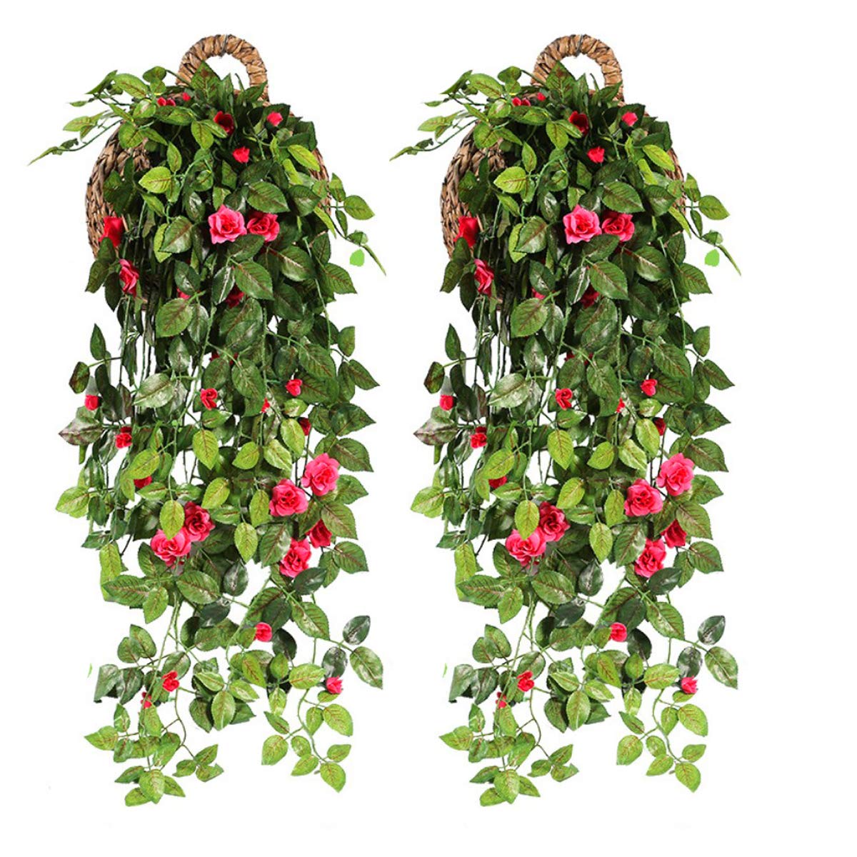 Ying Ying ChicYYC 2Pcs Beautiful Artificial Rose Vine Fake Realistic Hanging Flower Wedding Home Hotel Floral Decor (Rosered)