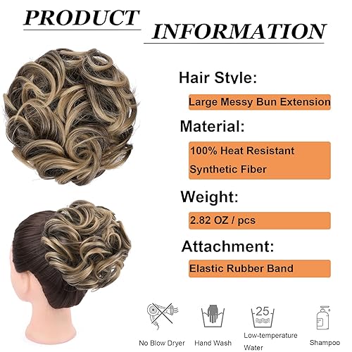 Miniatura 3 de Elaine Extensiones de moño grande desordenadas para mujer, extensiones de cabello rizado sintético ondulado, grande, coleteros gruesos para cola de