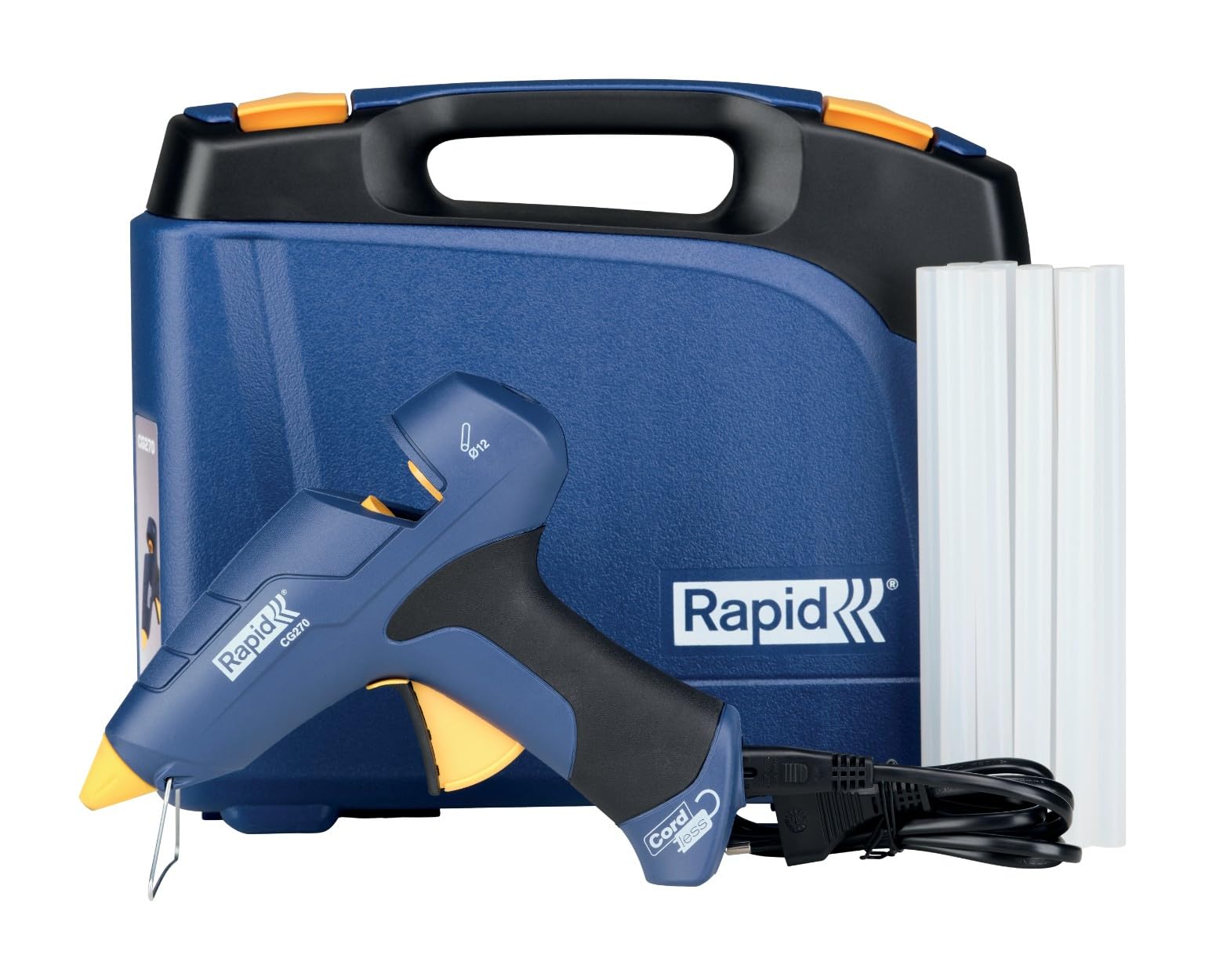 Rapid Kit Pistola de Pegamento en Caliente Inalámbrica CG270 – Flujo Alto de Pegamento 400g/h, para Barras de Pegamento de 12 mm, con 10 Barras de Pegamento y Maletín, para Bricolaje y Reparaciones