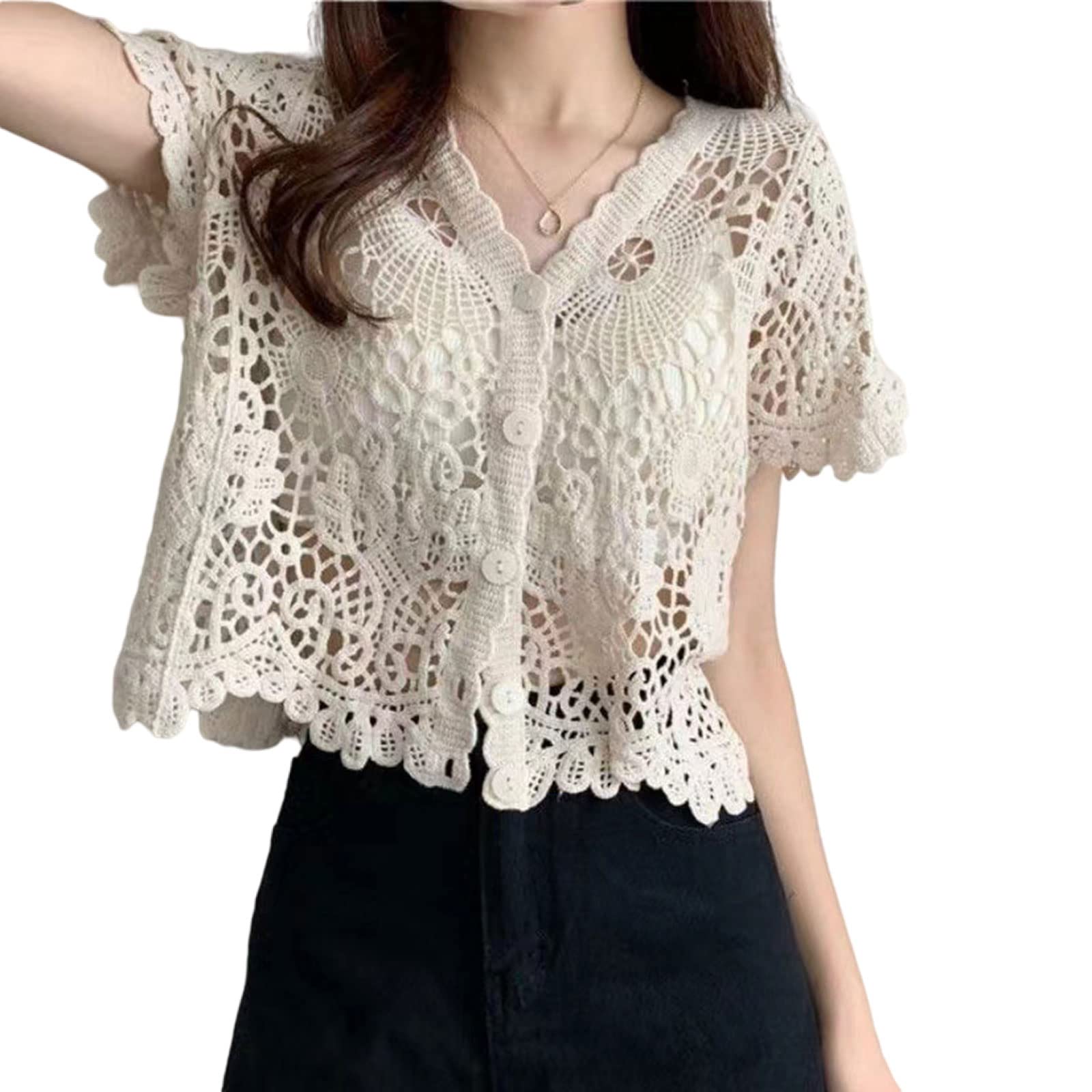 ROYJJ Women French Short Sleeve Lace Shrug Hollow Out Crochet Knit Cardigan V-Neck Button Down Sheer Crop for Jac