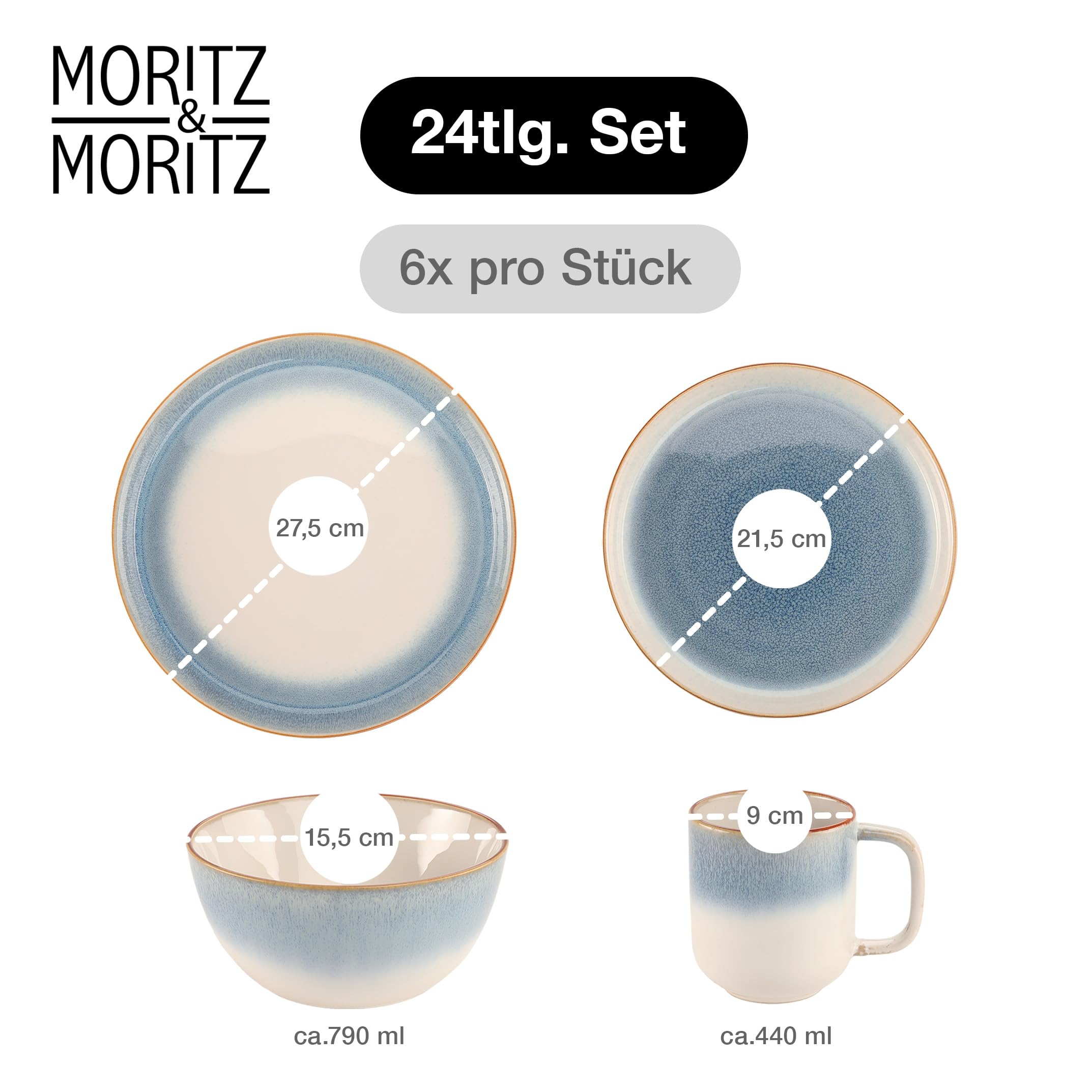 Moritz & Moritz TARENTO Service de table 24 pièces pour 6 personnes Bleu – Élégant ensemble d'assiettes en grès de qualité supérieure – Set de vaisselle composé de 6 assiettes à dîner, 6 assiettes à