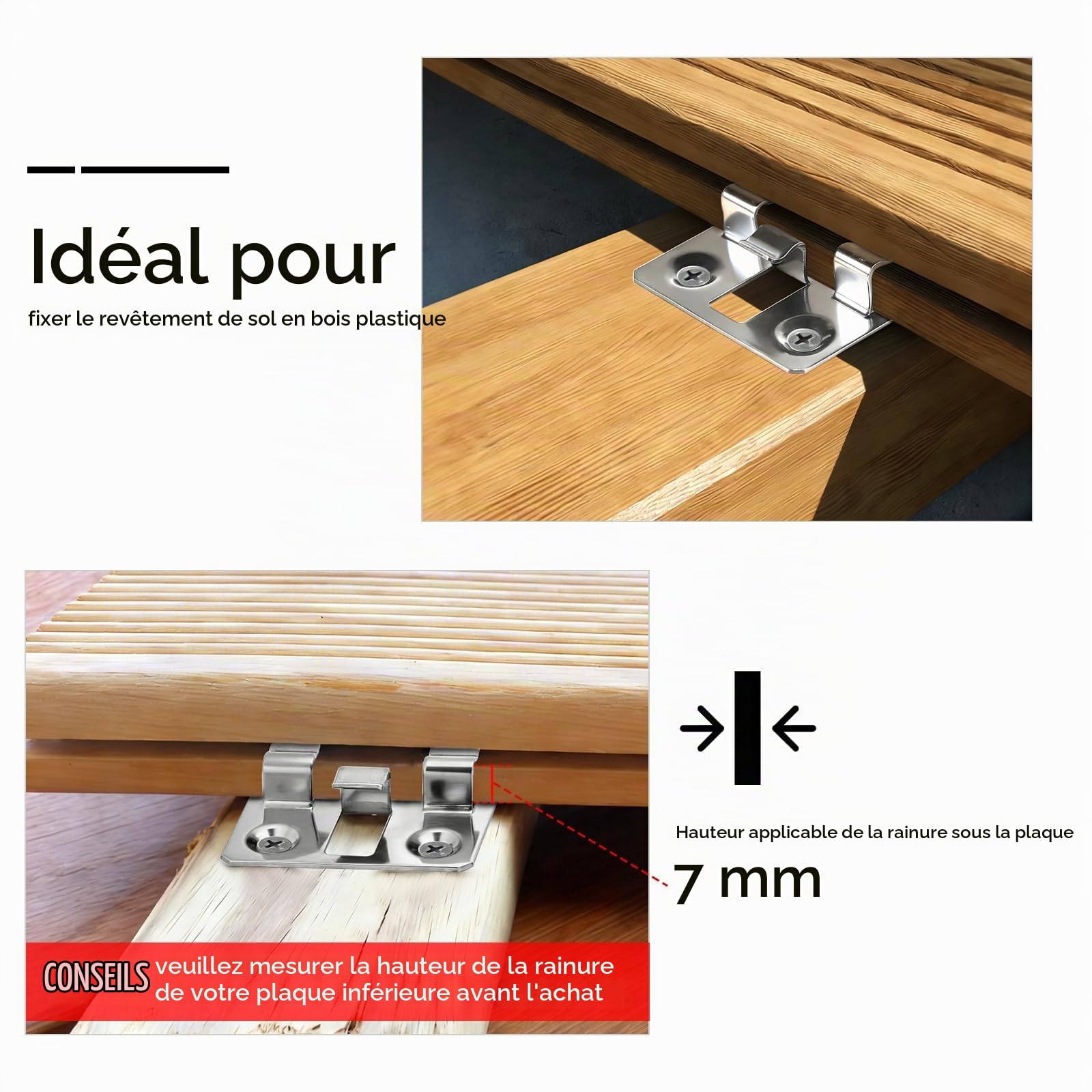 100 pièces Attaches pour lames de terrasse WPC en acier inoxydable, Clips cachés, entretoises pour Fixation de lames WPC/BPC (Argent, écart 3mm, hauteur 7mm)