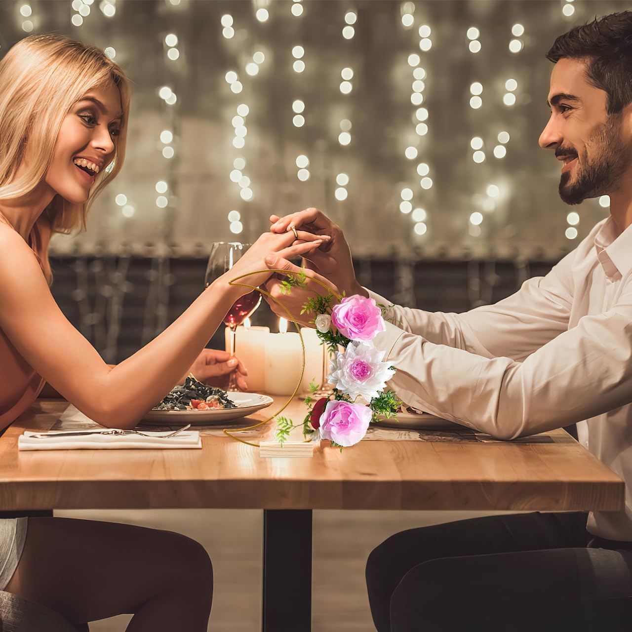 Wedding Table Decoration Moon Crescent Metal Hoop Centerpiece with Stand DIY Floral Ring for Celestial Party and Home Decor 10.23X7.87 Inches