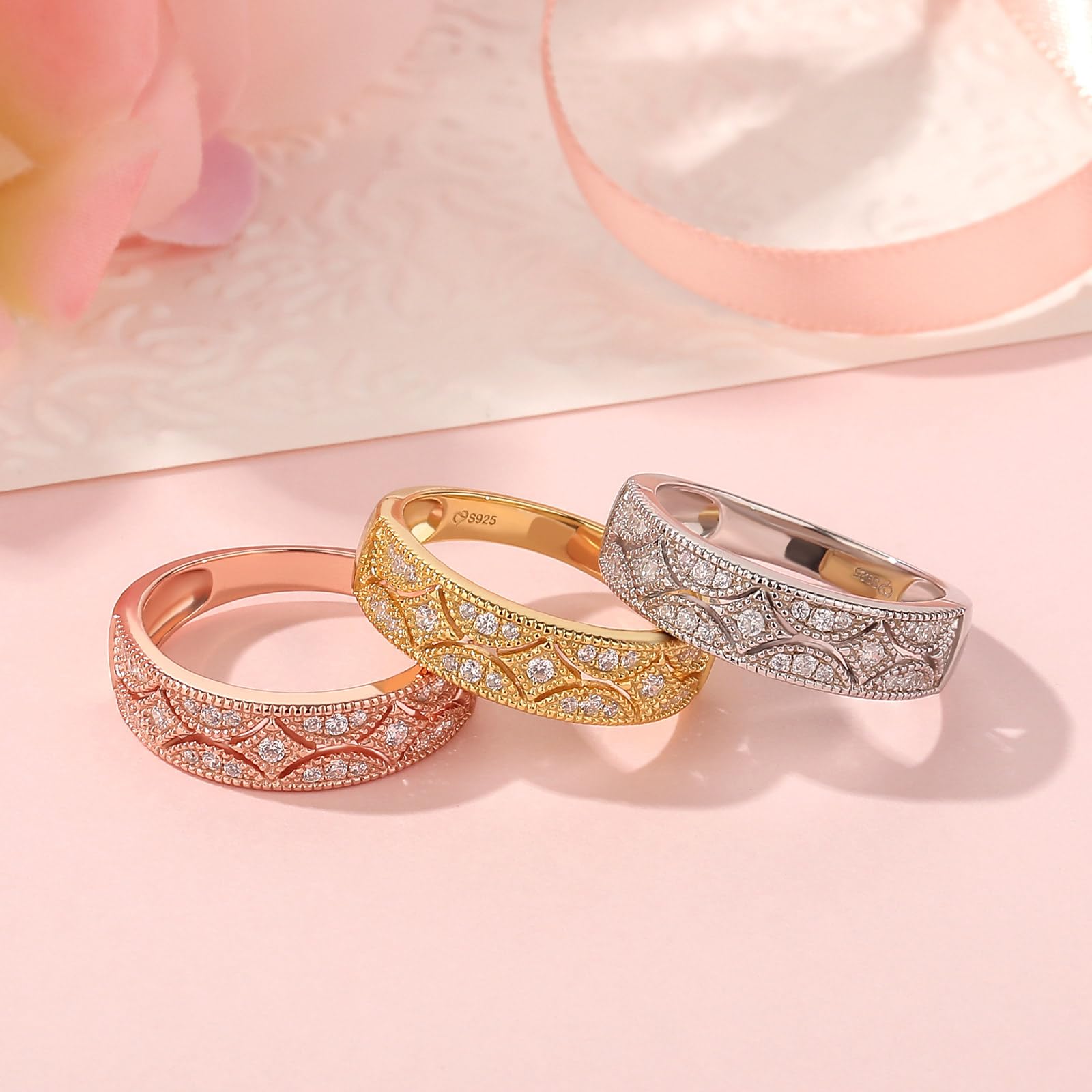 Jeulia 925 Sterling Silber Ringe Milgrain Rundschliff Damen Band Jubiläum Versprechen Ringe mit Schmuckschatulle für Sie Frauen Mädchen