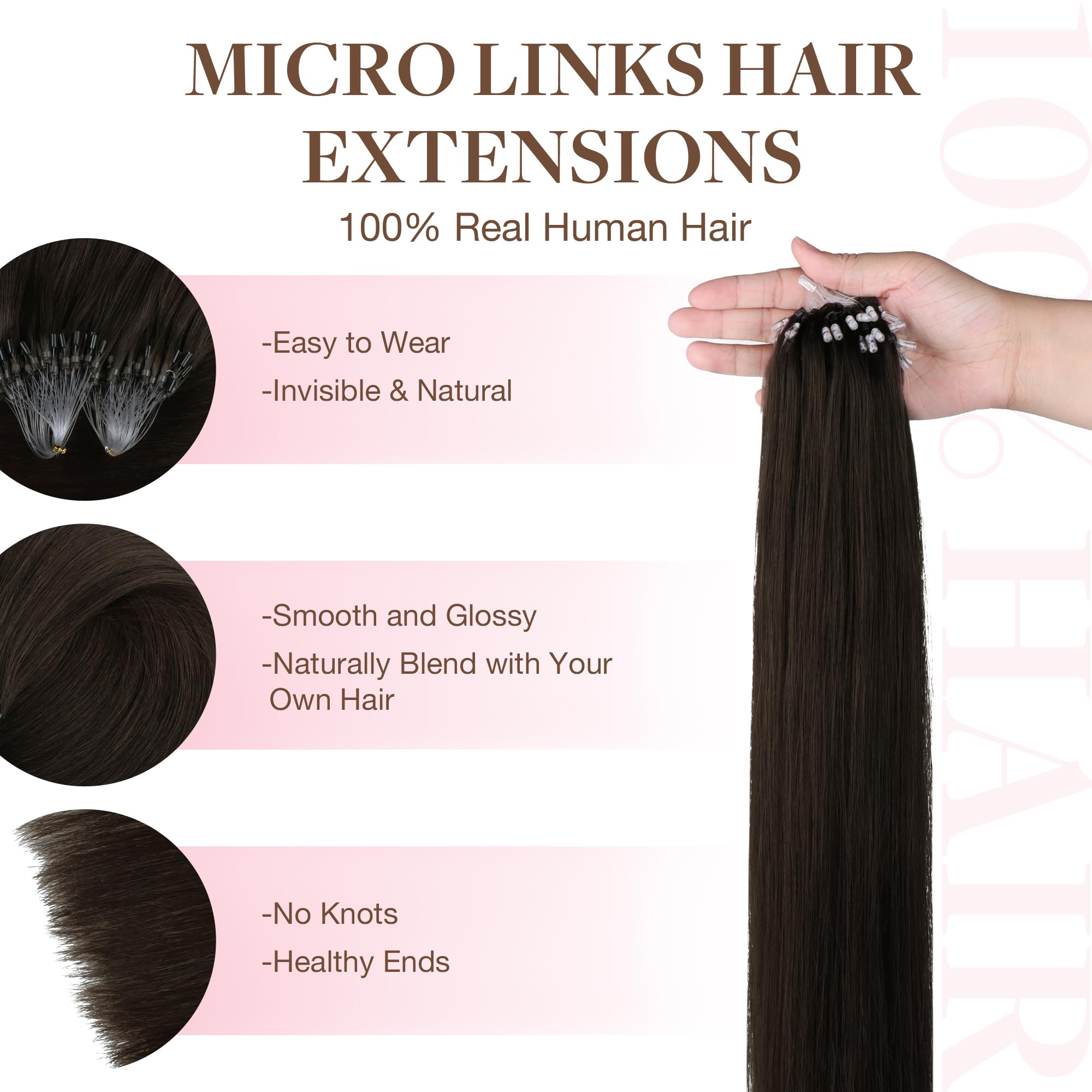 GOO GOO Micro Loop Hair Extensions Real Human Hair, Dark Brown 50g 16inch 50 Strands Cold Fusion Micro Bead Extensions - Image 2