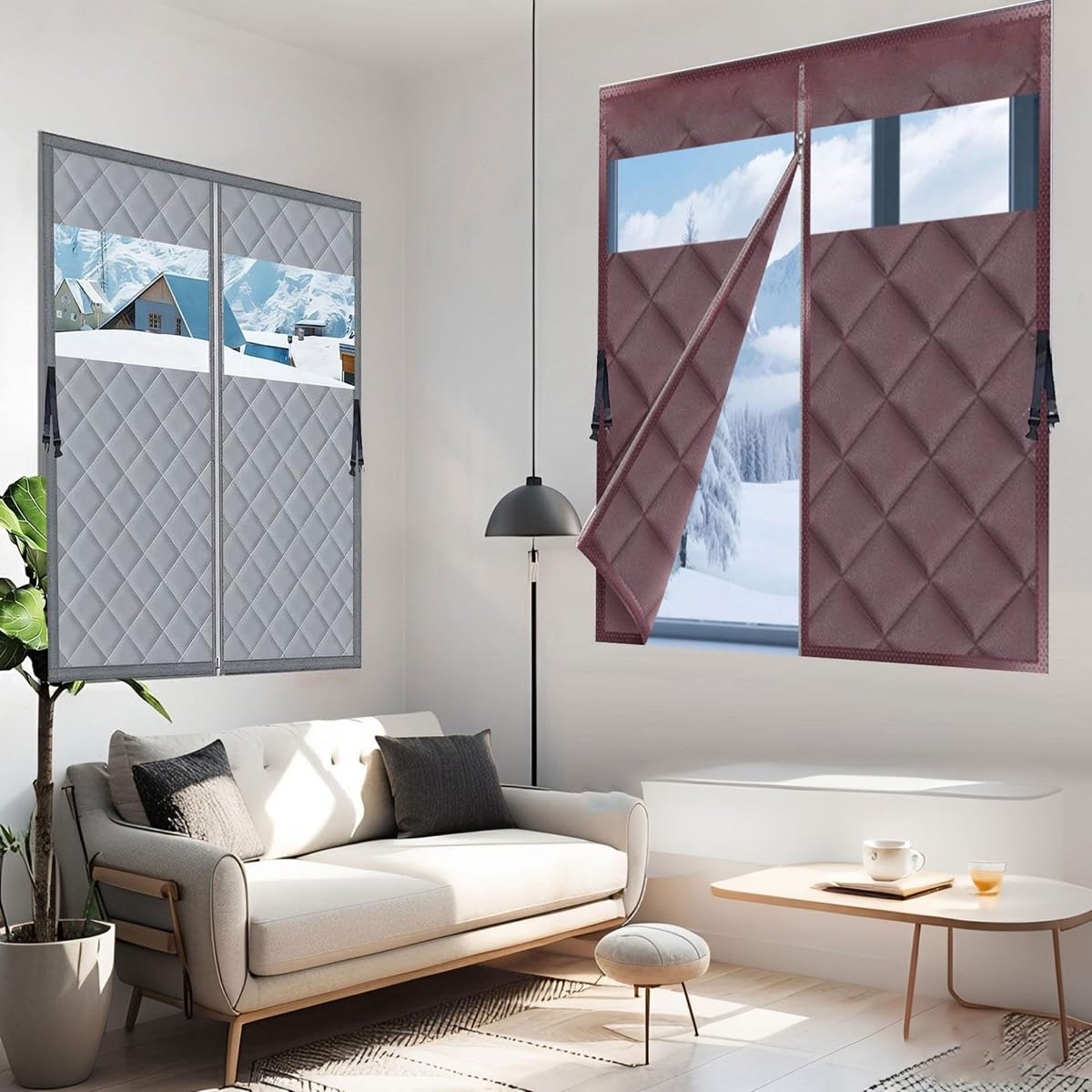 Sichtbare Thermo Cover Fenster, 100/120/140/150/200 cm Fenster-Isoliervorhänge für Wärme, Baumwoll-Fensterisolationsset Isolierte Fensterabdeckung für Winter(Gray,100x220cm)
