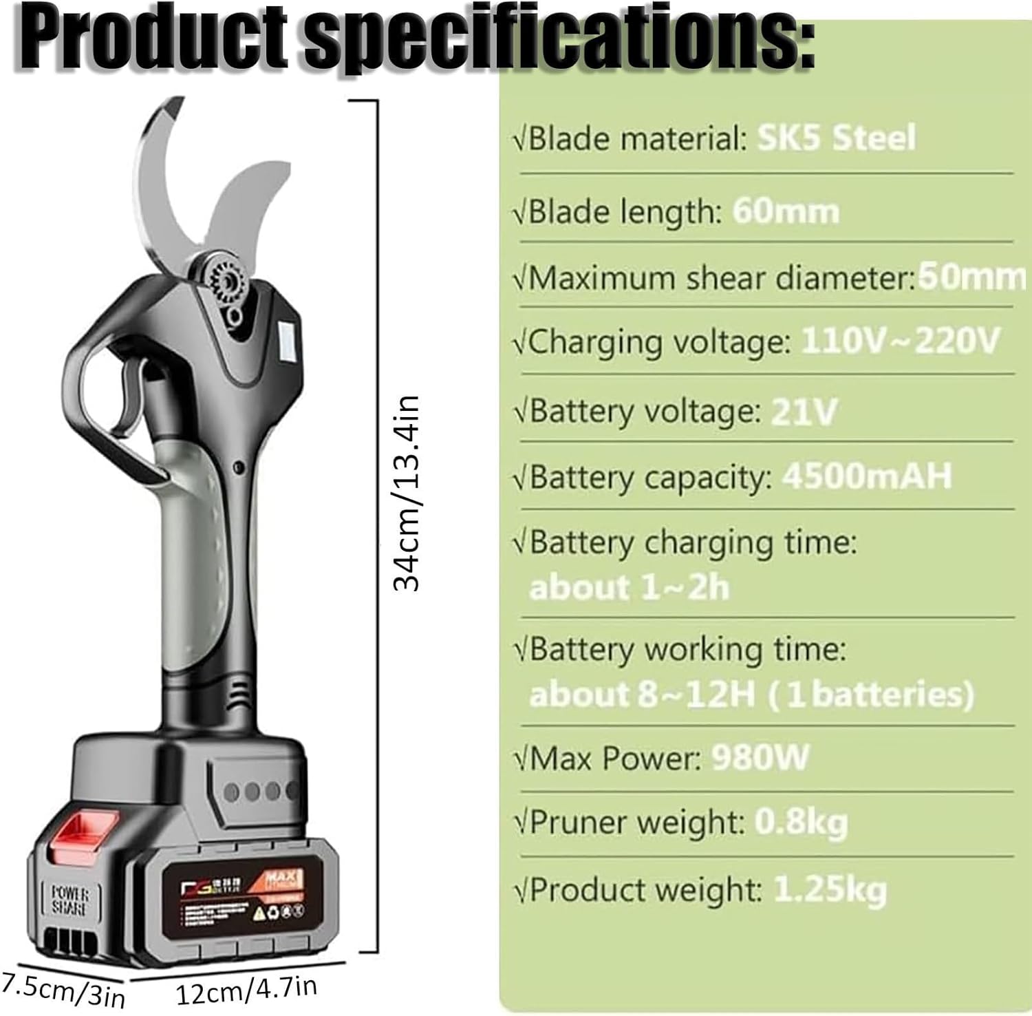 Pole Tree Pruner Electric With 2.1M Extension Pole - Cordless Pruning Shears, Digital LCD Screen, 50mm Cut For Gardening & Tree Maintenance(1 Battery)