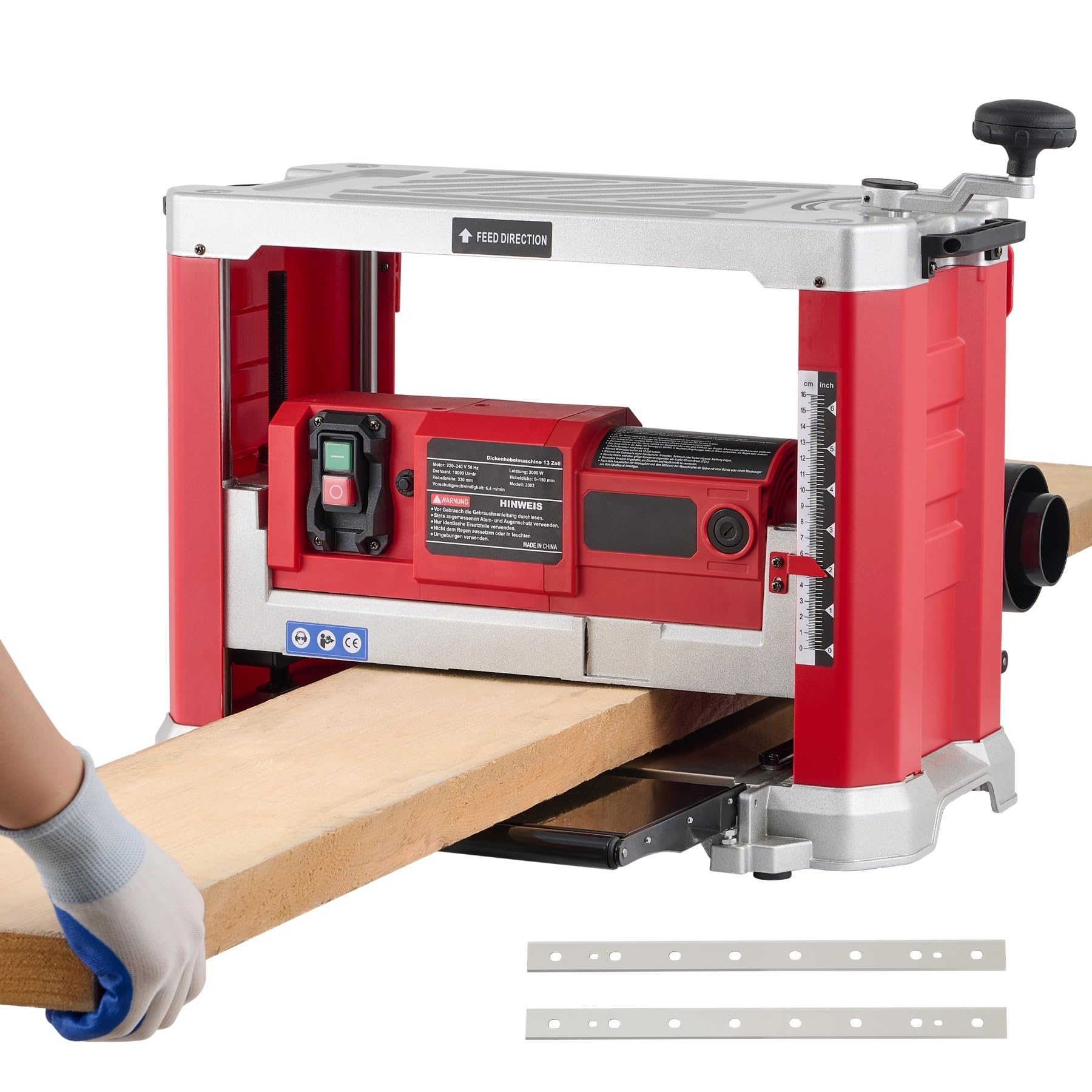 ZELCAN Pialla Filo Spessore per Legno 2000W, Piallatrice a Spessore per Legno da Banco 330mm, 20000 Tagli al Minuto con Doppia Lama, Spessore Regolabile 6-150mm e Adattatore Aspirazione Polvere