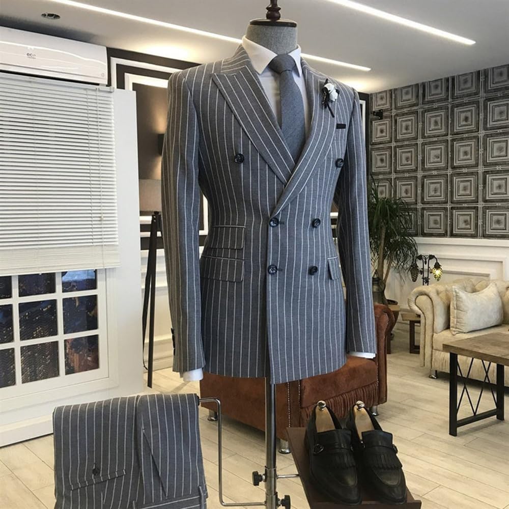 Uomo Stripe Due Pezzi Vestito Doppio Petto Bottoni Giacca e Pantaloni per la Cena