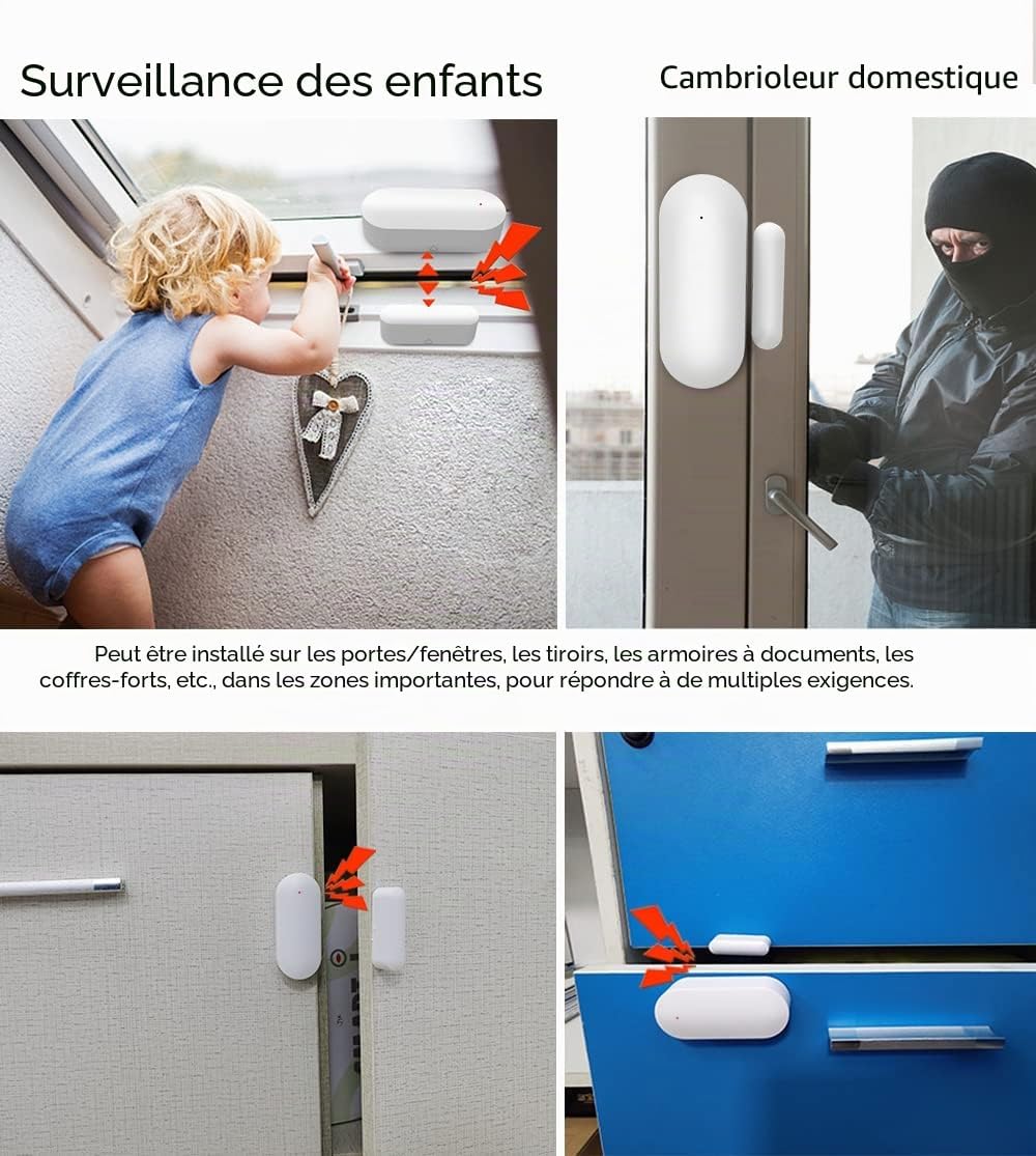 Examples of the LWOHSI B68R sensor's application for child surveillance on a window and intruder detection on a door.