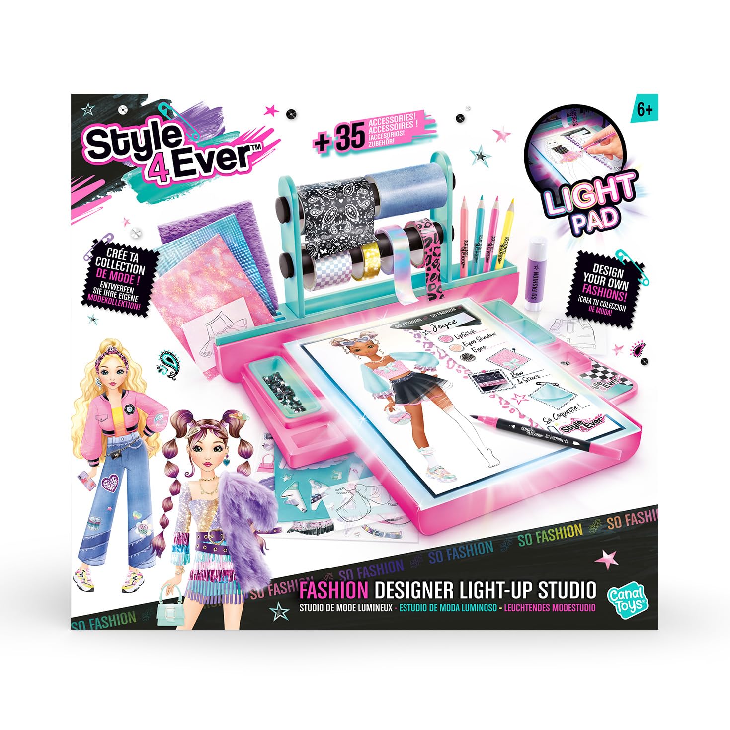Canal Toys - Style 4Ever - Fashion Designer Studio con Luz y Telas | Con Luz LED, Plantillas Electroestáticas, Telas Reales, Lápices de Colores, Rotulador, Gemas, Cintas Adhesivas y más