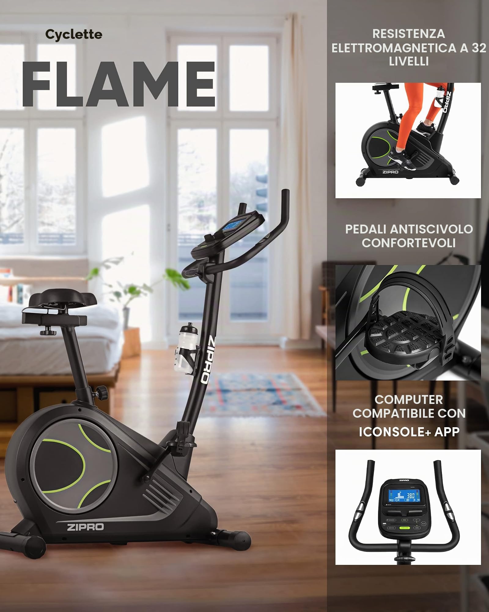 Zipro Cyclette Flame, Fitness Bike Ergometrico, Trainer Magnetico per Bicicletta, Ergometro fino a 150 kg, Bici da Interno, Cyclette per Allenamenti Domestici, Cyclette da Ciclismo con Cavo