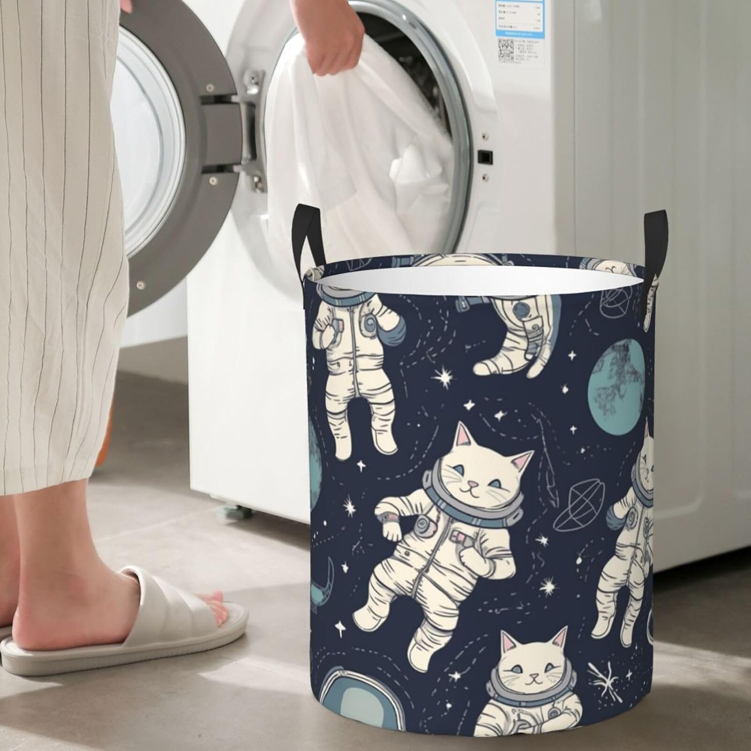 Laundry Basket Freestanding Fun cat Astronaut Laundry Hamper Collapsible Tall Clothes Hamper with Handles Dirty Clothes Basket for Dorm Bedroom Travel Camping Bathroom Baskets image 5