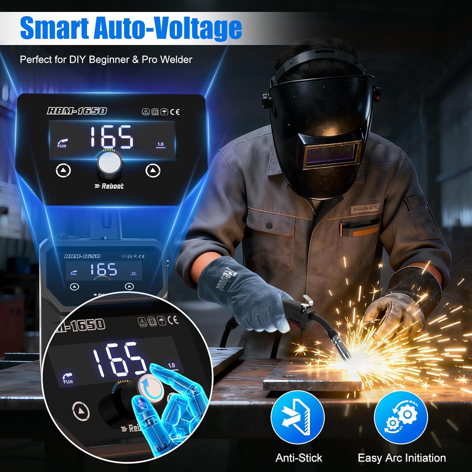 Close-up of the RBM-1650 welder's digital control panel with a hand adjusting the knob, highlighting smart auto-voltage, anti-stick, and easy arc initiation features.