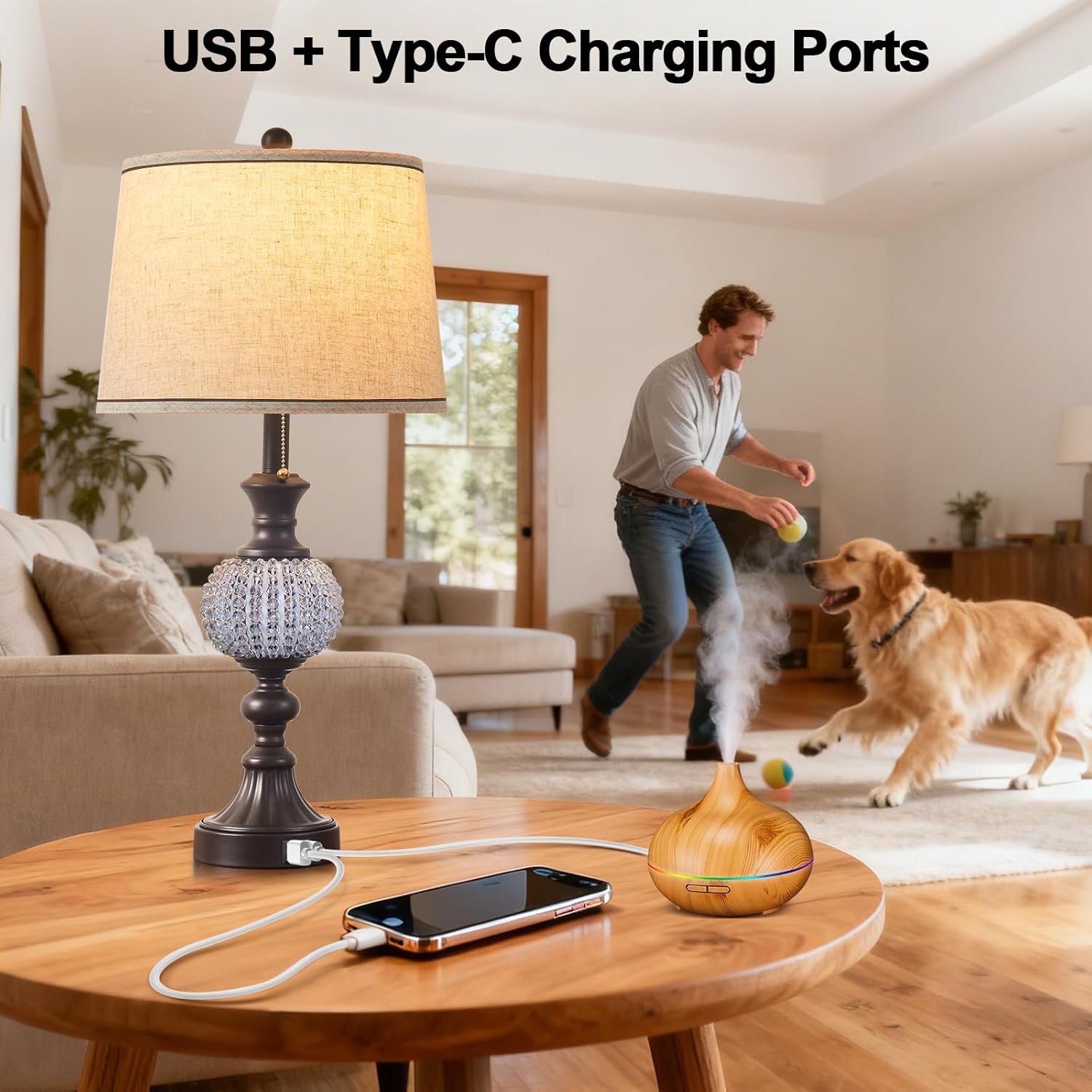 Set of 2 Farmhouse Table Lamps for Living Room - 28" Rustic Nightstand Lamps with USB A+C Charging Ports and Crystal Ball Accent, Industrial Bedside Lamps for Bedroom, Entryway (2 Bulbs Included)