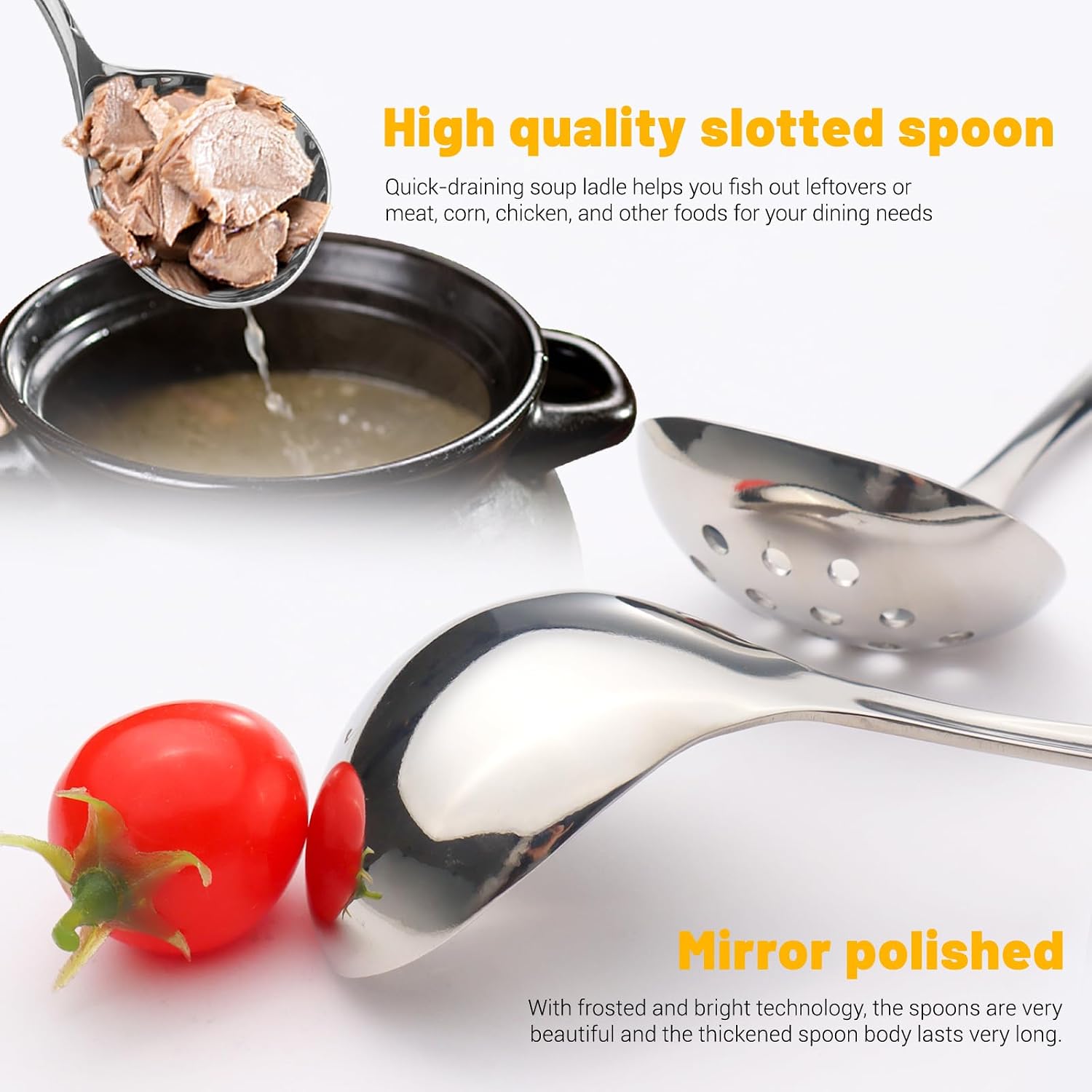 2Pcs Small Ladle and Slotted Spoon, Heavy Duty 304 Stainless Steel Gravy Ladle Mini Soup Ladles for Serving, Skimmer Strainer Spoon with Holes, Silver