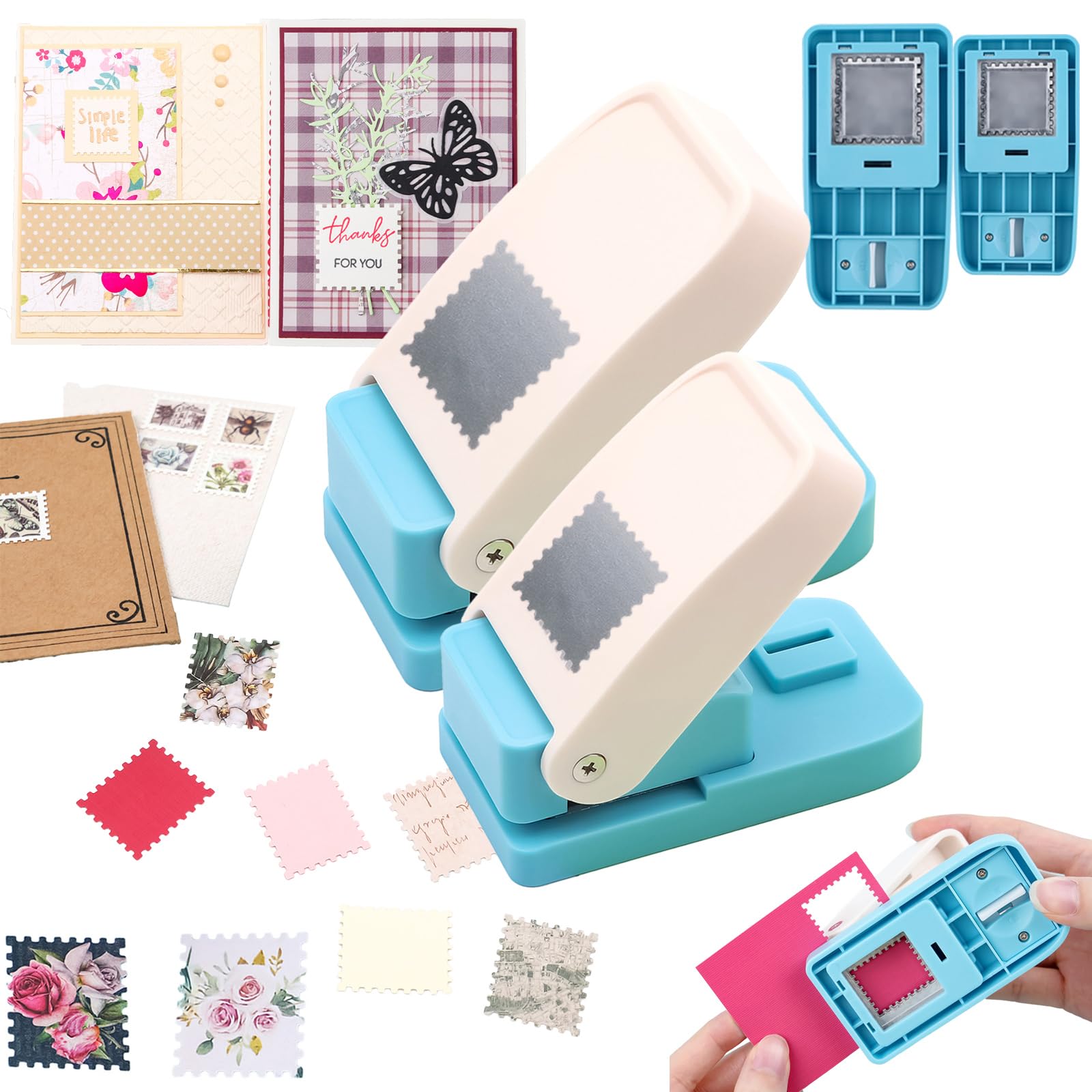 OTCRAFT 2Pcs/Set Stamp Puncher 1inch &1.5inch Square Postage Stamp Punch |Stamp Hole Puncher| Lever Action Paper Punches for Crafting Scrapbooking DIY Card Making Arts Crafts Supplies — image 1