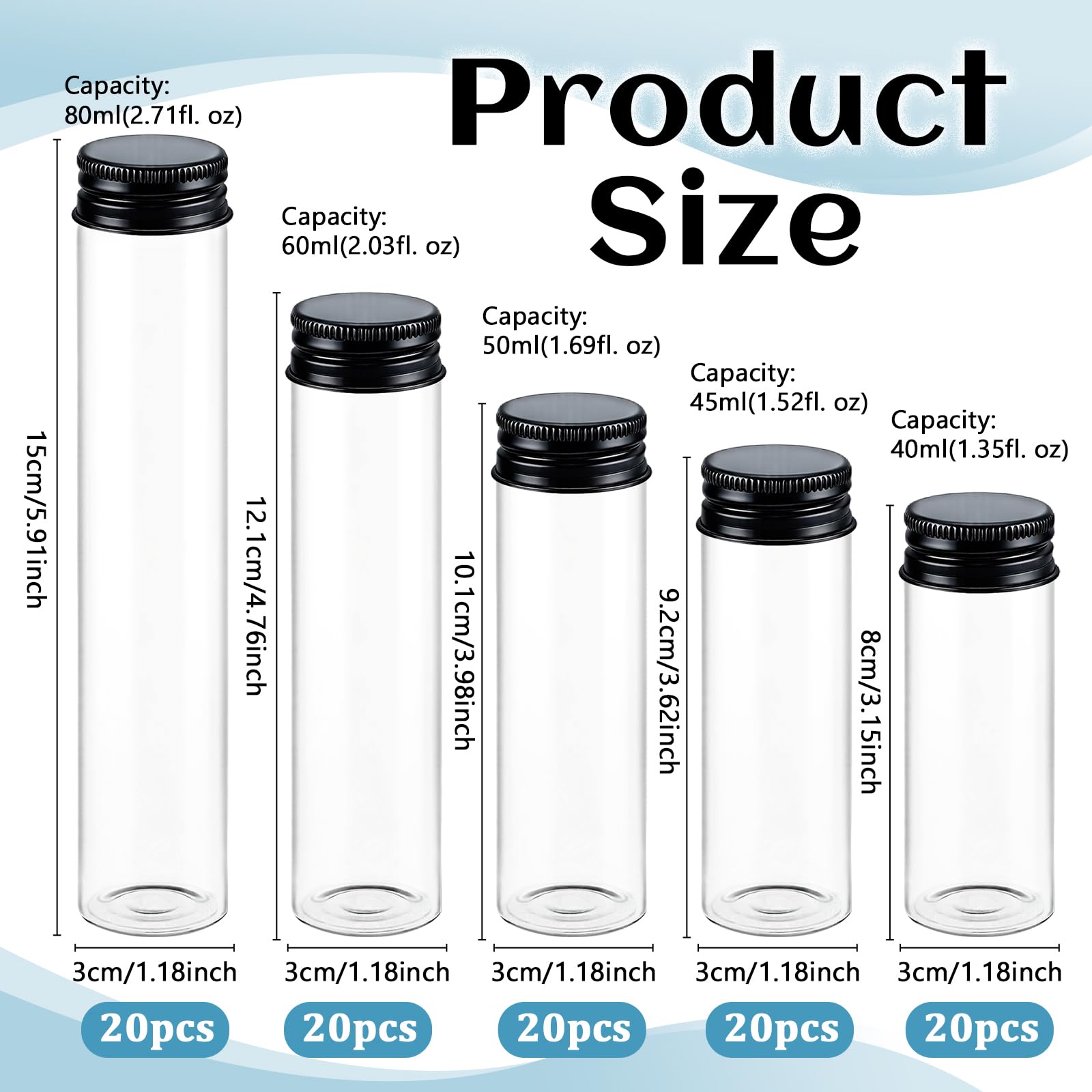 100 unidades de 80 ml/60 ml/50 ml/45 ml/40 ml, tubos de cristal transparente con tapón de rosca para sales de baño, goma de mascar y joyas (negro)