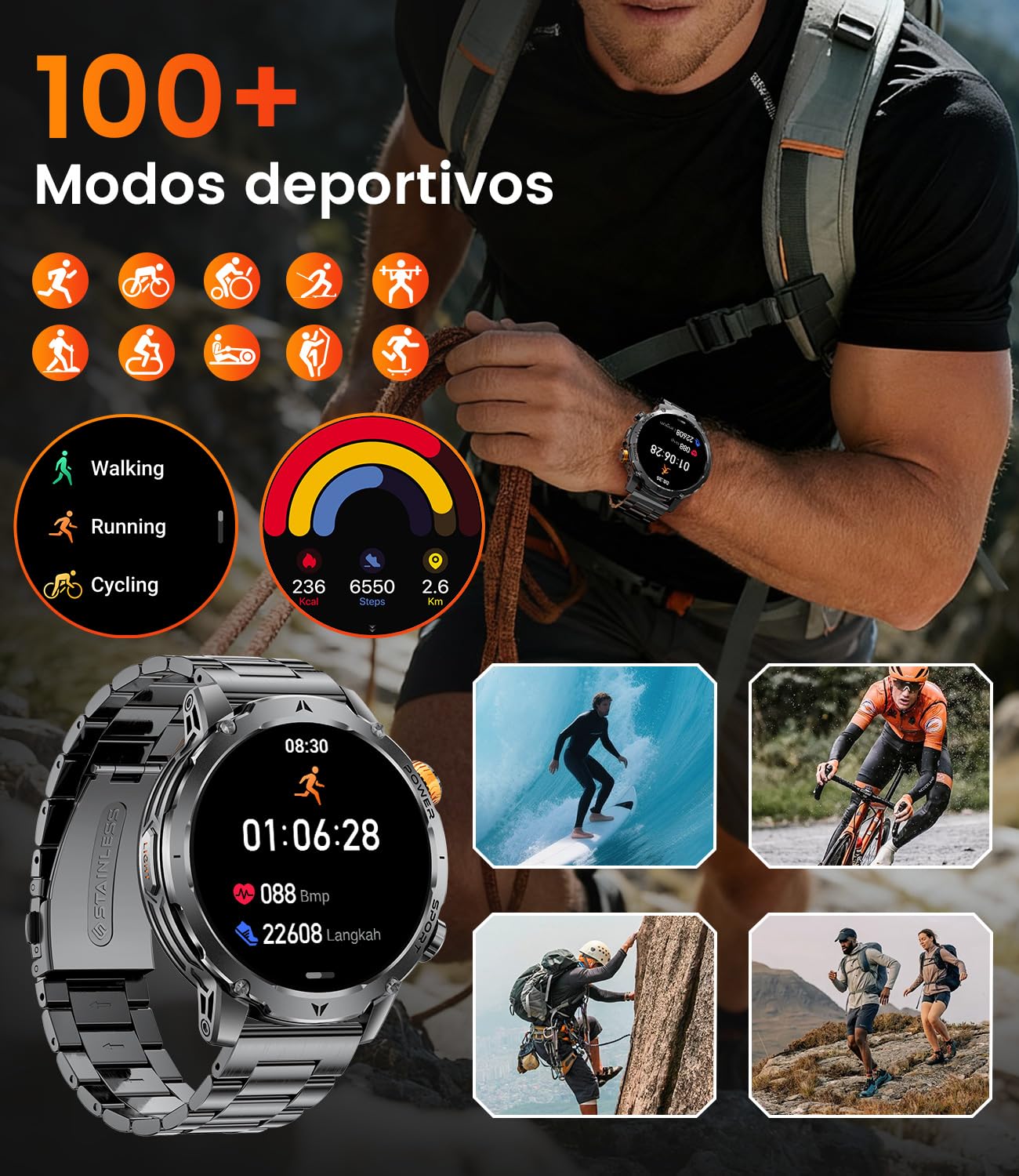 SUNKTA Reloj Inteligente para Hombre Militar Grado 1000 mAh Batería 1,7" HD Llamadas Bluetooth Smartwatch Deportivo y de Fitness con iOS y Android,Monitor de Salud,sueño,podómetro,2 Cargadores,Gris